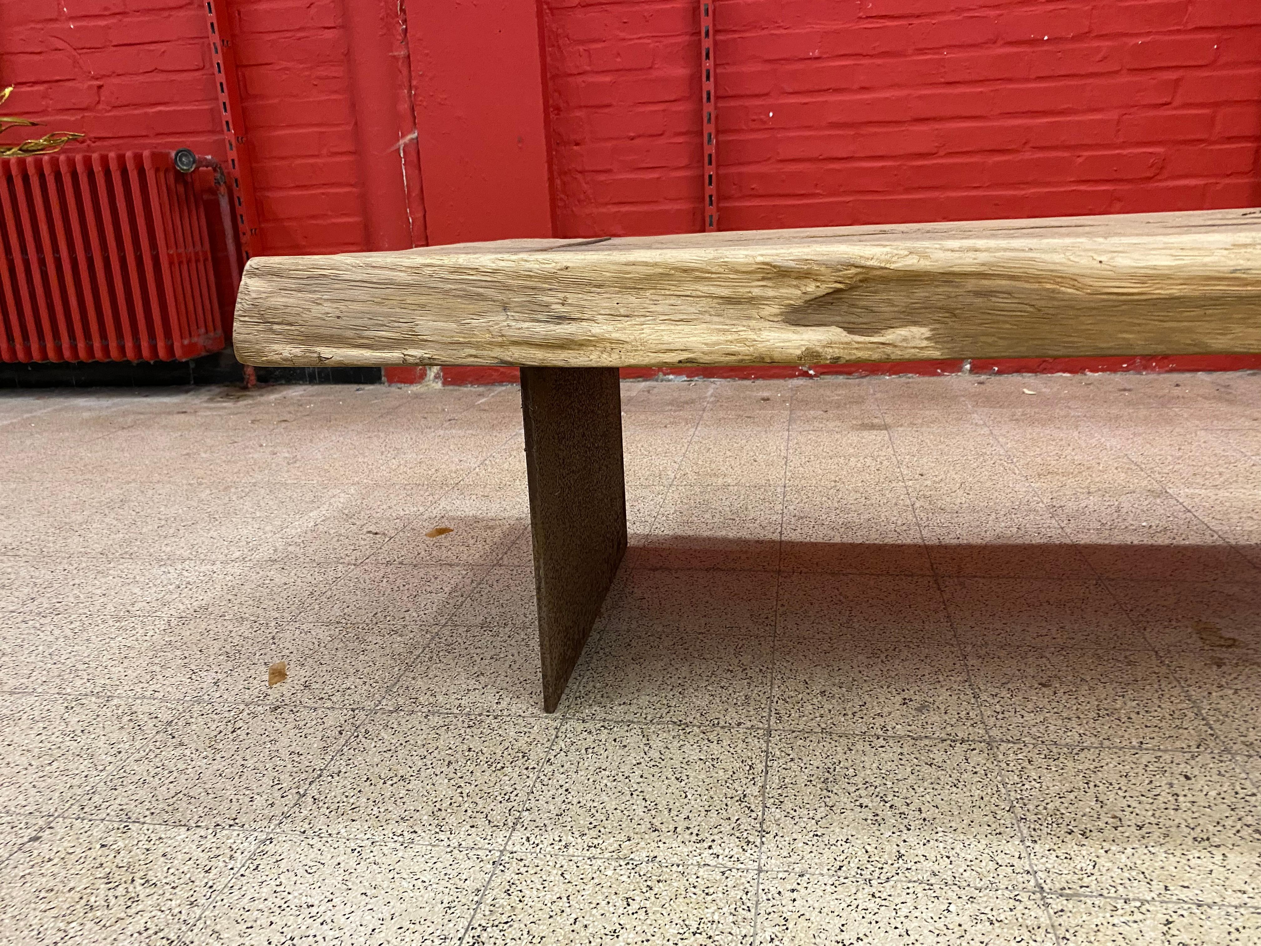 French Large Brutalist Coffee Table in Solid Wood and Iron, circa 1960 For Sale