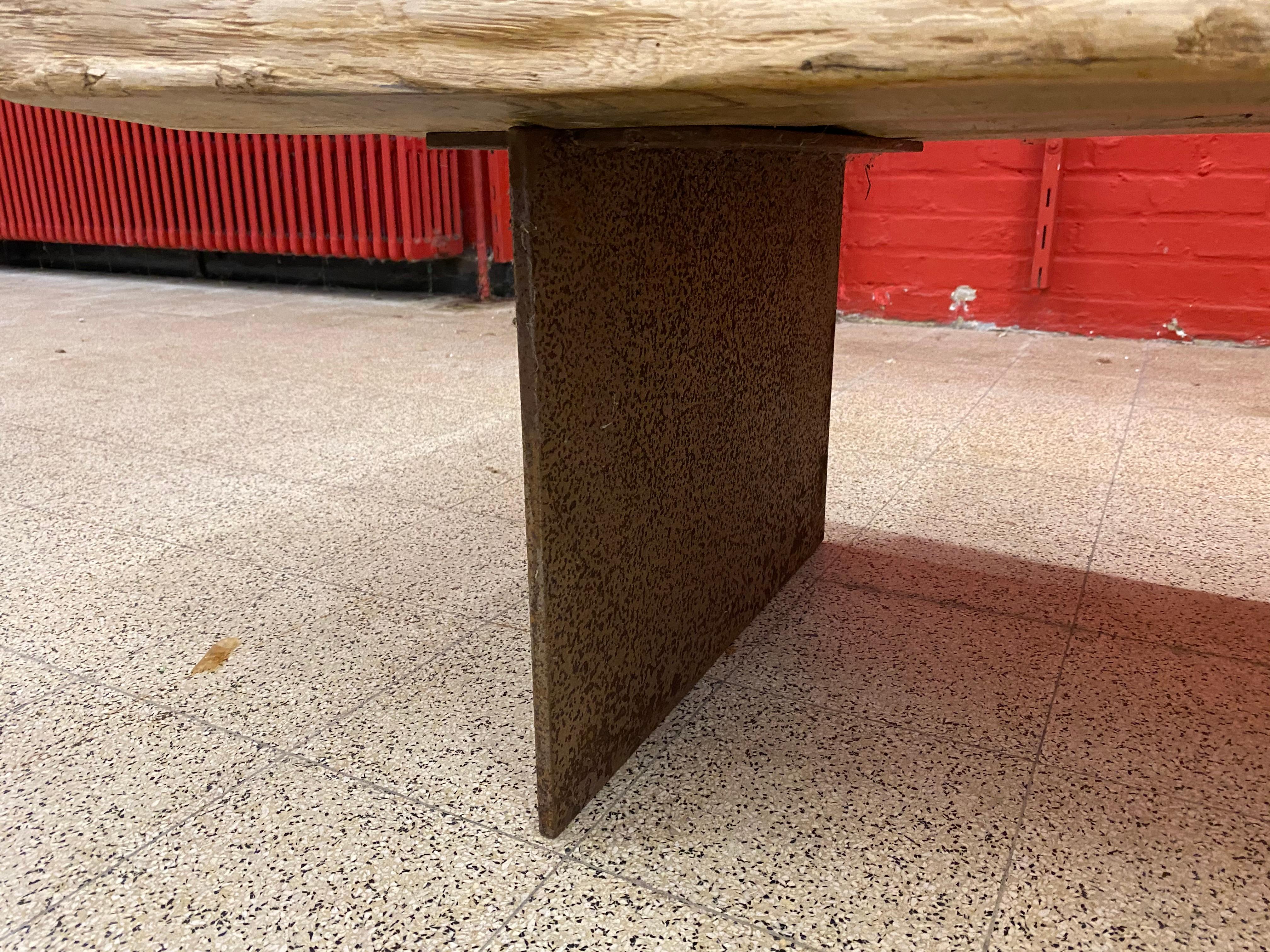 Large Brutalist Coffee Table in Solid Wood and Iron, circa 1960 For Sale 1