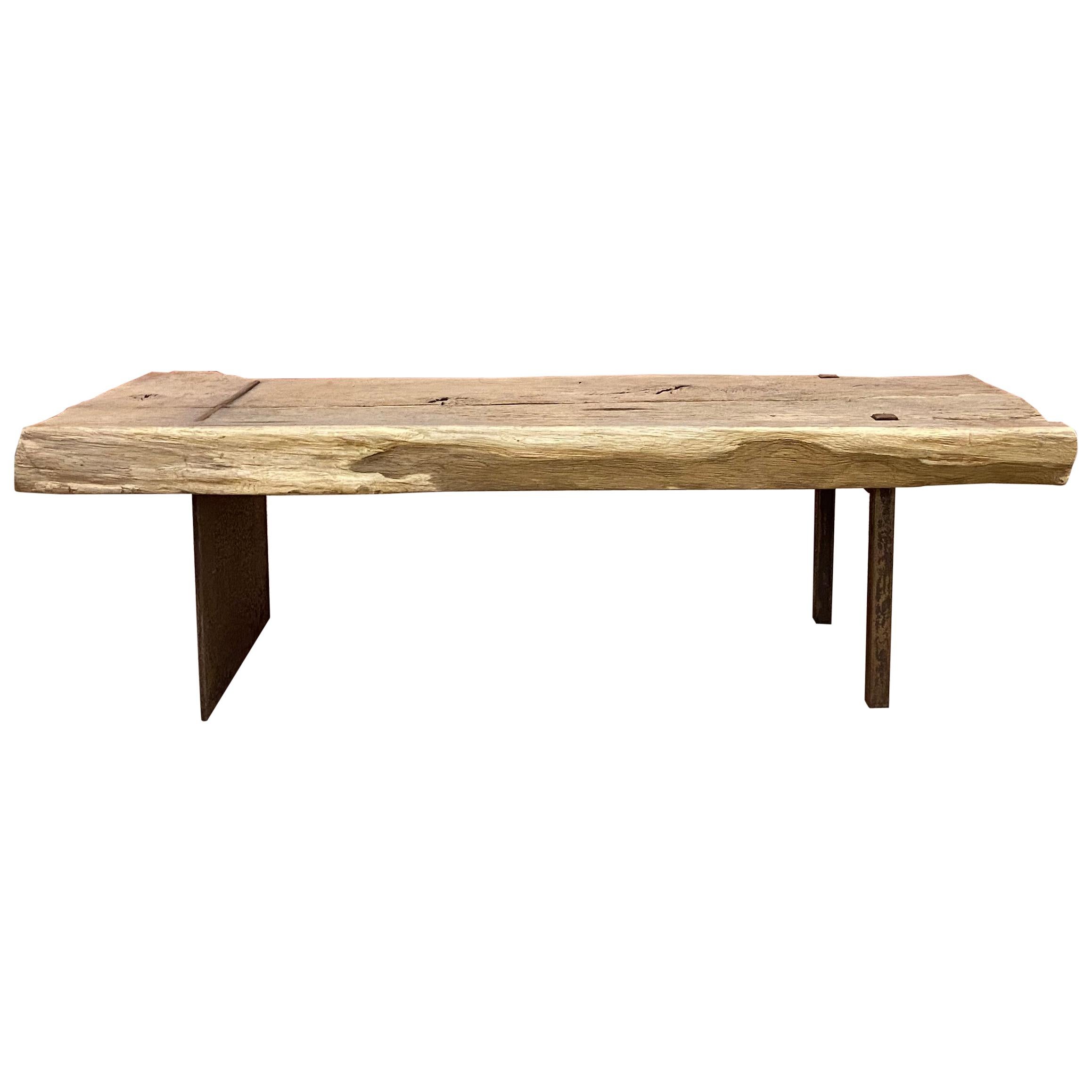 Large Brutalist Coffee Table in Solid Wood and Iron, circa 1960 For Sale