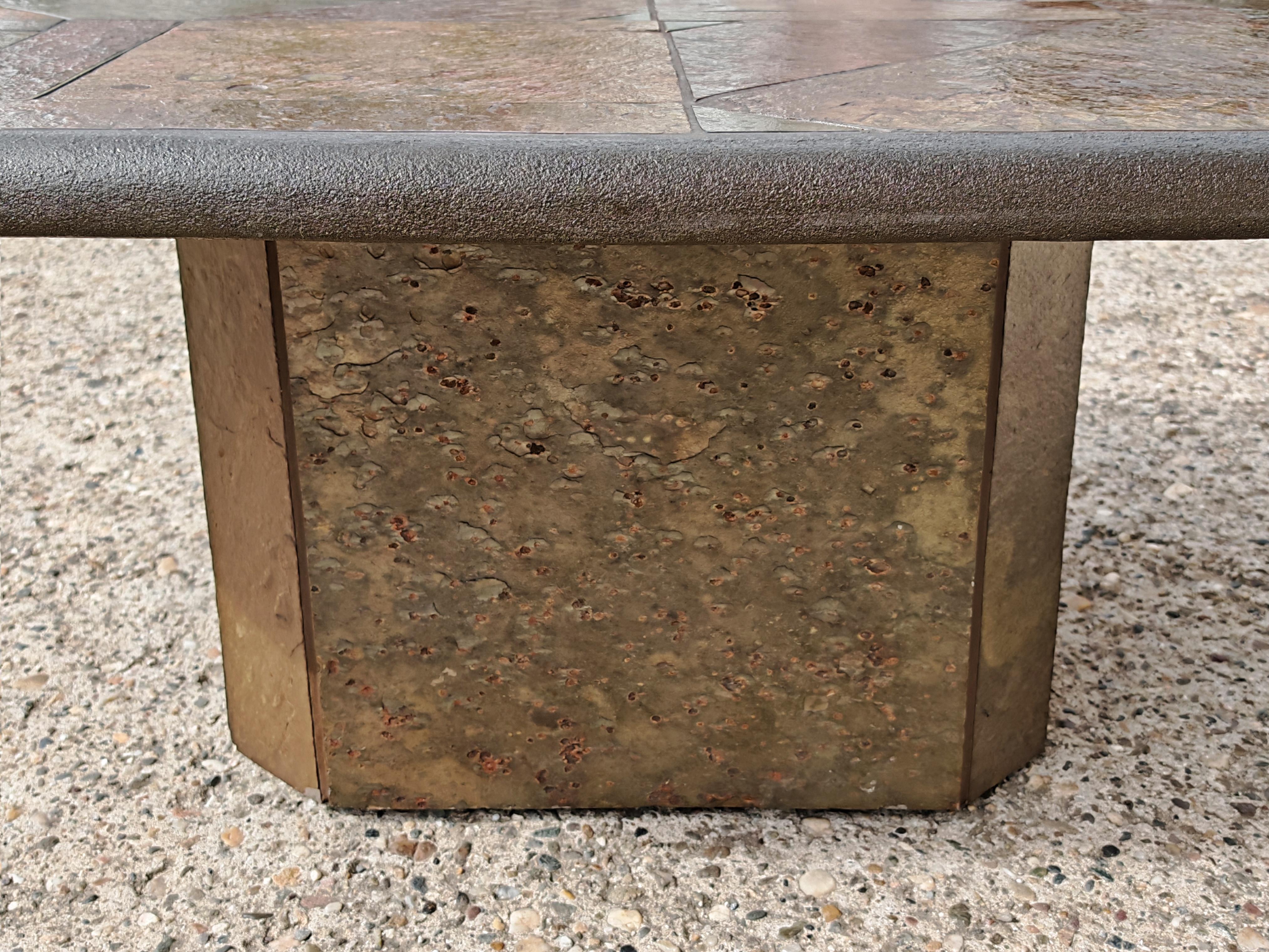 Brass Large Brutalist coffee table in various kinds of stone by Paul Kingma, 1980s For Sale