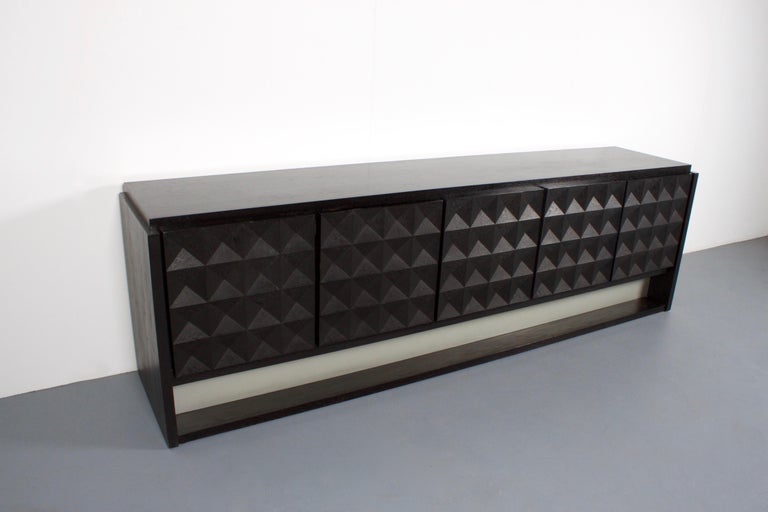 20th Century Large Brutalist Diamond Credenza in Stained Oak, Belgium, 1970s For Sale