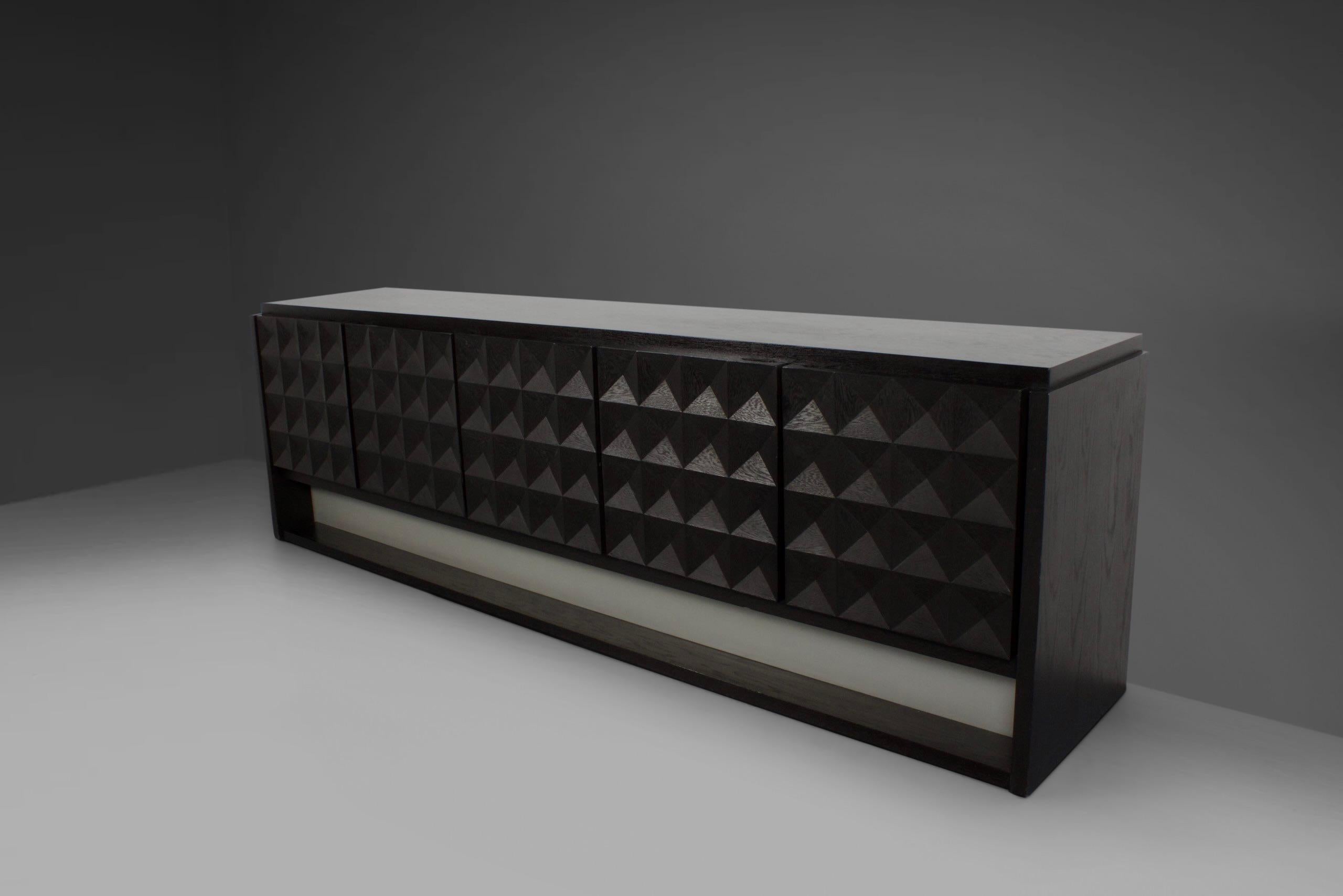 Large Brutalist Diamond Credenza in Stained Oak, Belgium, 1970s For Sale 1