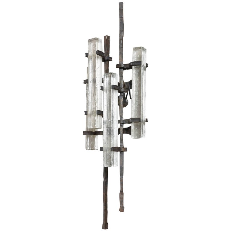 Large Brutalist Glass Iced Bloc WallLight Sculpture by Tom Ahlstrom