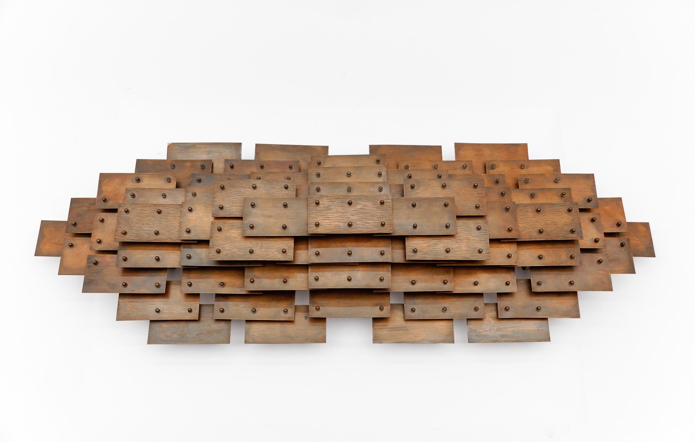 Brutalist Copper Wall Sculpture, 1960s Germany

Great part, makes an impressive impression. 

The individual copper plates are finished differently and are held in position at different levels with screws of different lengths.

The rear plates have