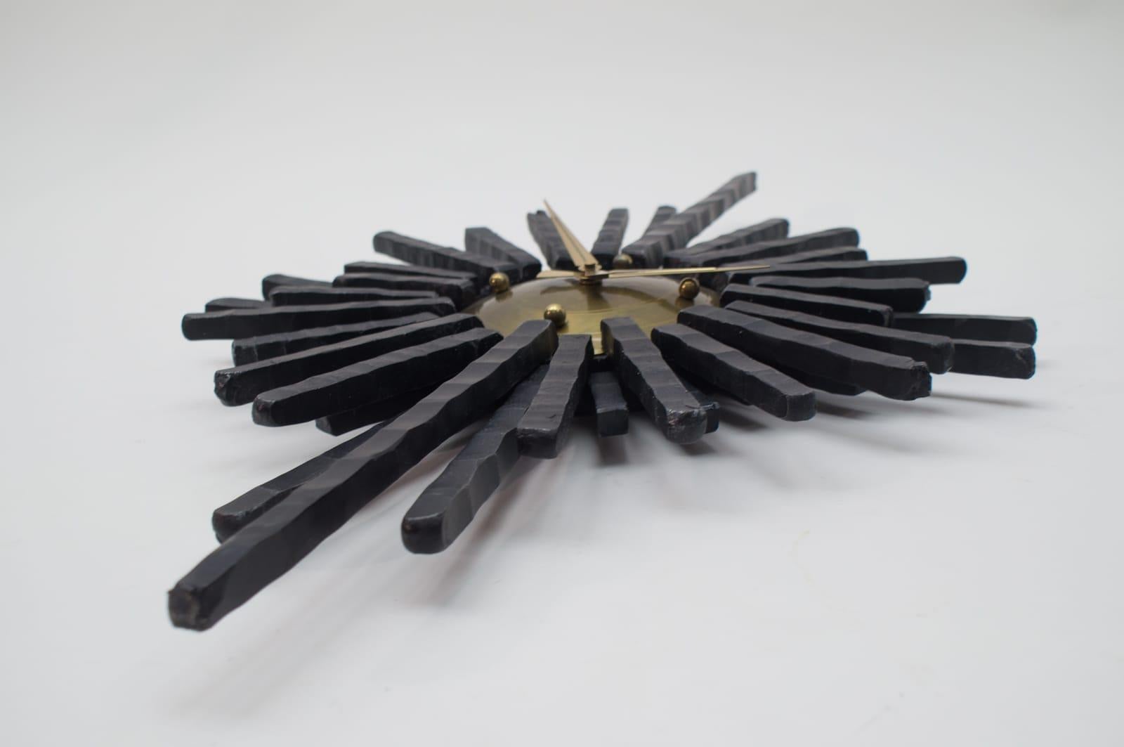 Large Brutalist Handcrafted Iron Sunburst Wall Clock, Germany, 1960s 2