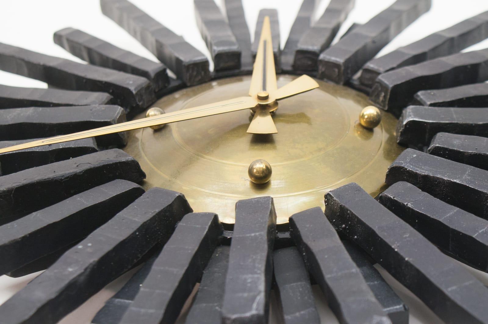 Large Brutalist Handcrafted Iron Sunburst Wall Clock, Germany, 1960s 4