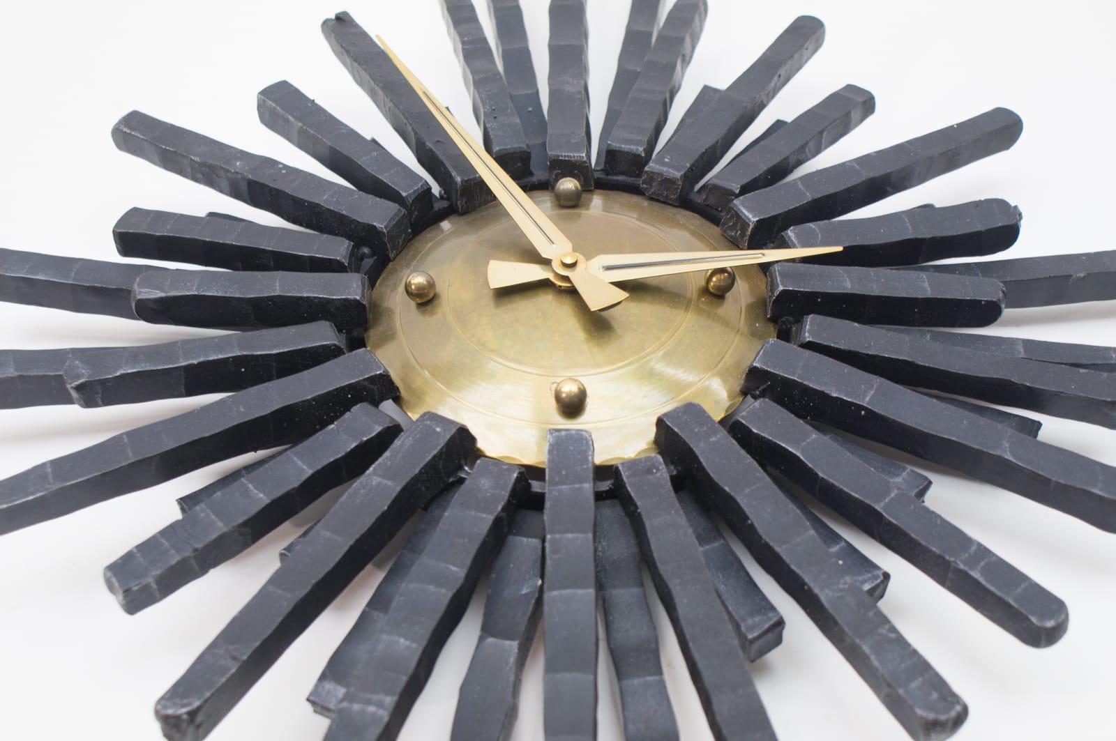 Hand-Crafted Large Brutalist Handcrafted Iron Sunburst Wall Clock, Germany, 1960s