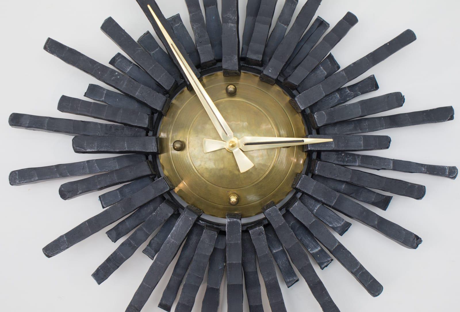 Mid-20th Century Large Brutalist Handcrafted Iron Sunburst Wall Clock, Germany, 1960s
