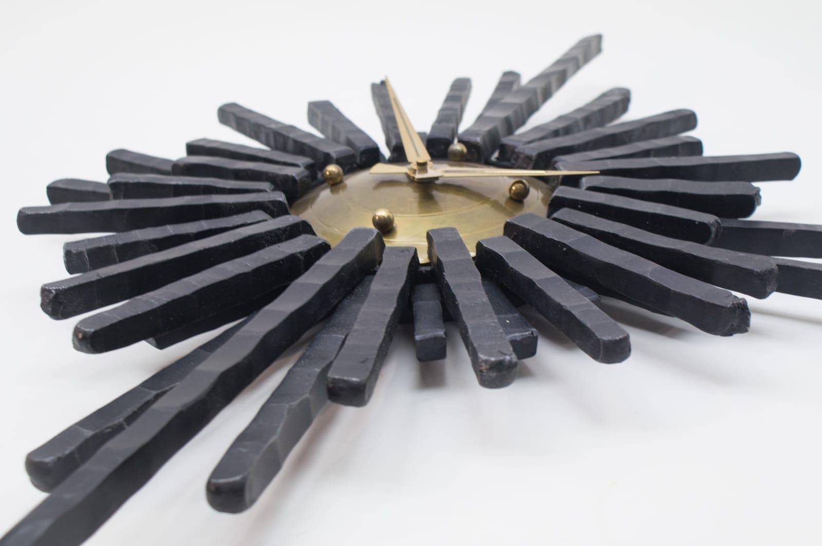 Large Brutalist Handcrafted Iron Sunburst Wall Clock, Germany, 1960s 1