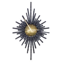 Large Brutalist Handcrafted Iron Sunburst Wall Clock, Germany, 1960s