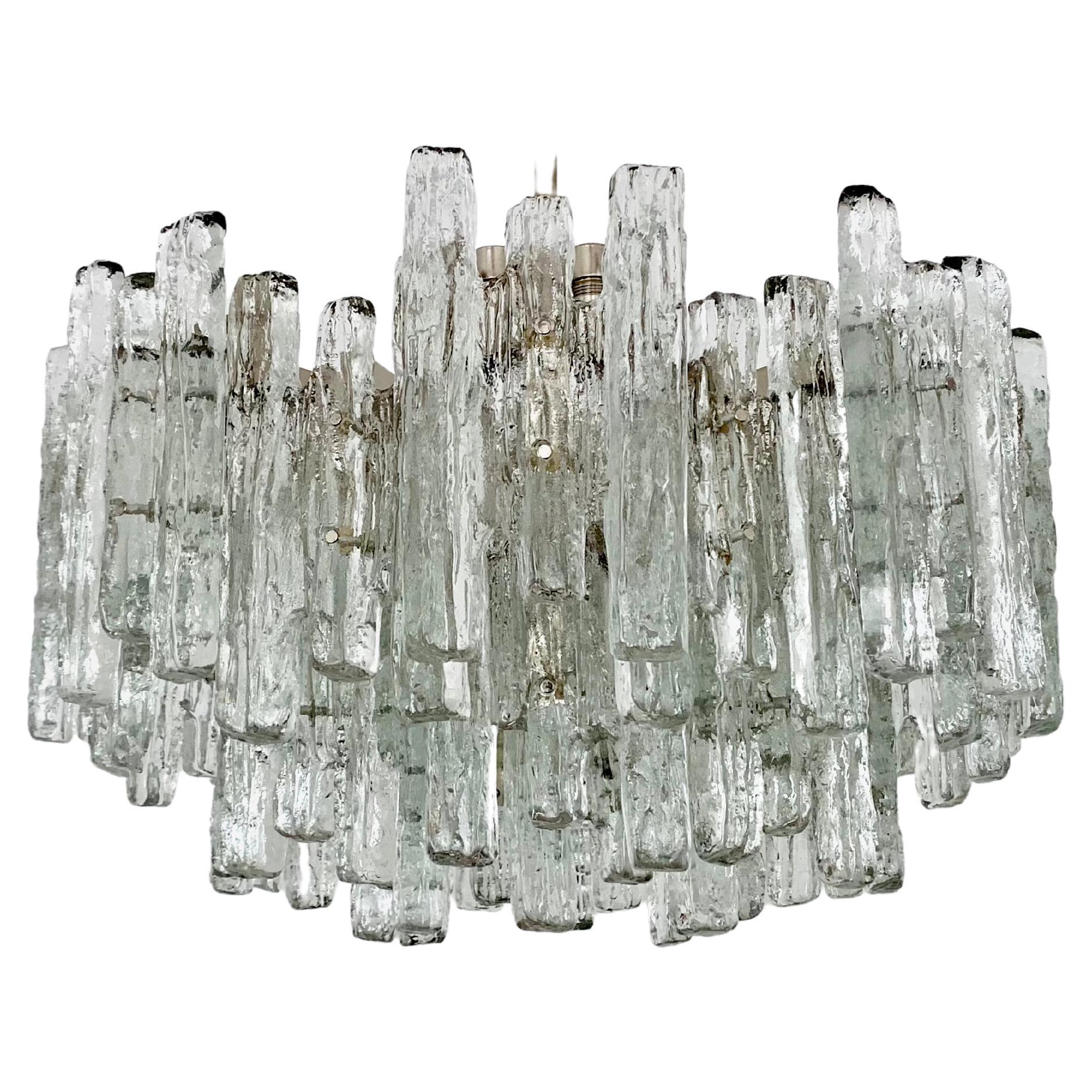 Large Brutalist Ice Glass Chandelier For Sale