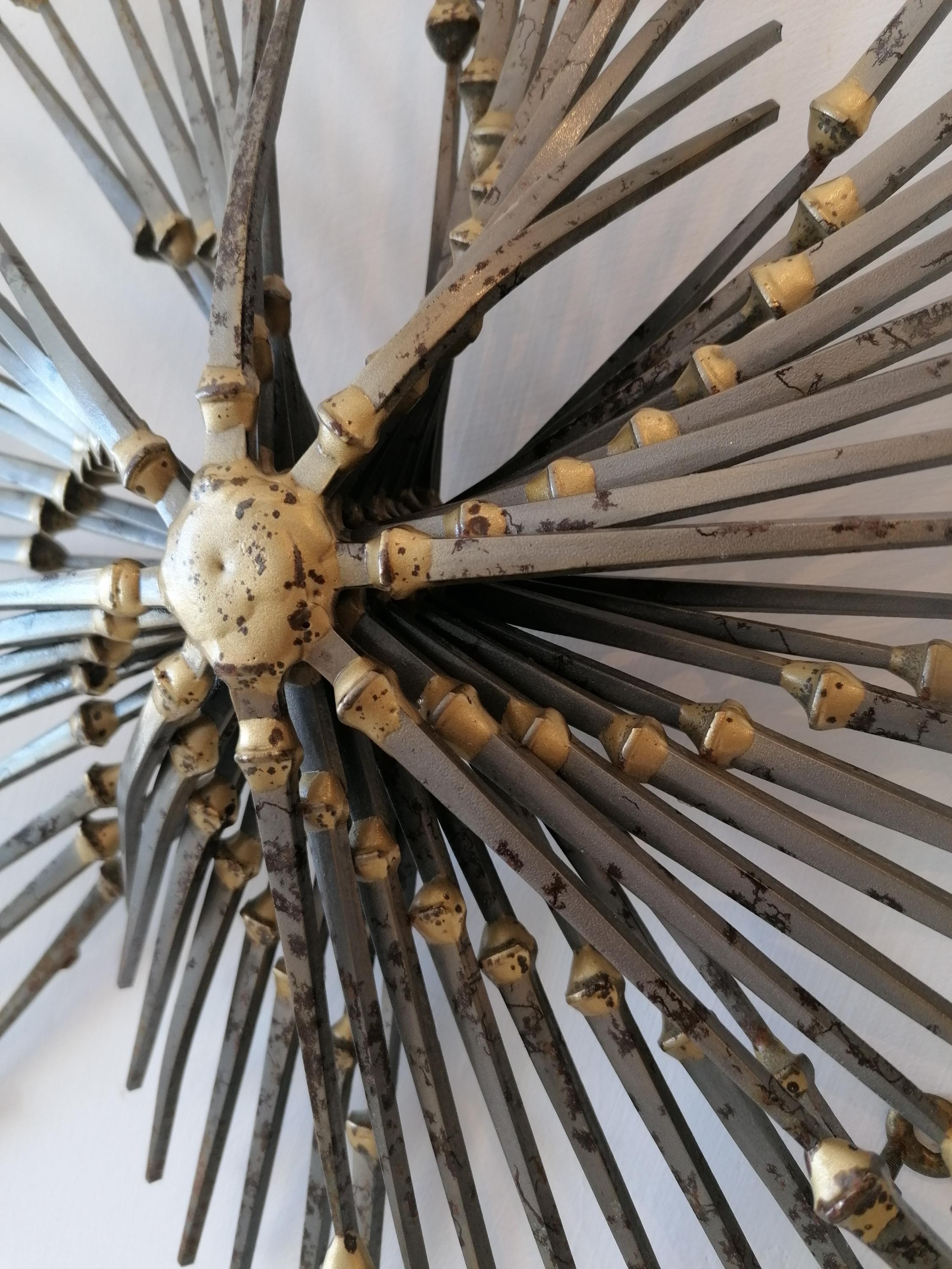 Large Brutalist iron & brass pinwheel sunburst Ron Schmidt wall sculpture 1970s For Sale 4