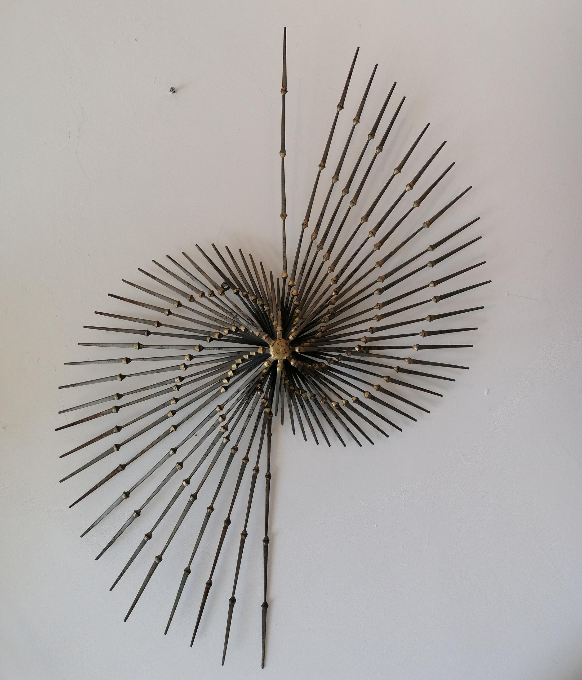 American Large Brutalist iron & brass pinwheel sunburst Ron Schmidt wall sculpture 1970s For Sale