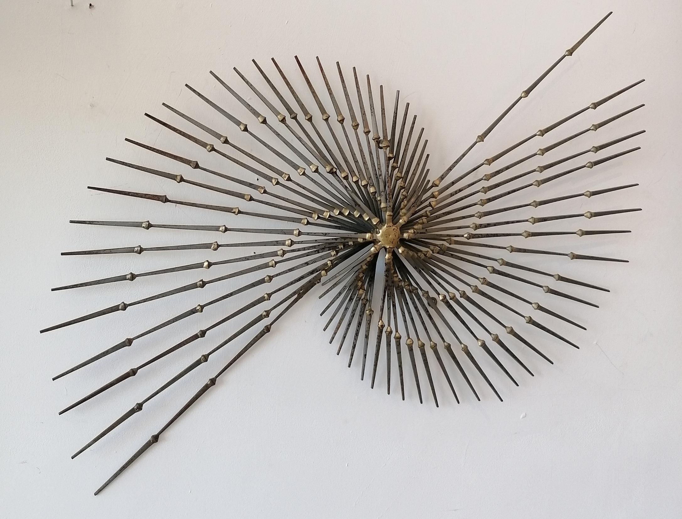 Late 20th Century Large Brutalist iron & brass pinwheel sunburst Ron Schmidt wall sculpture 1970s For Sale