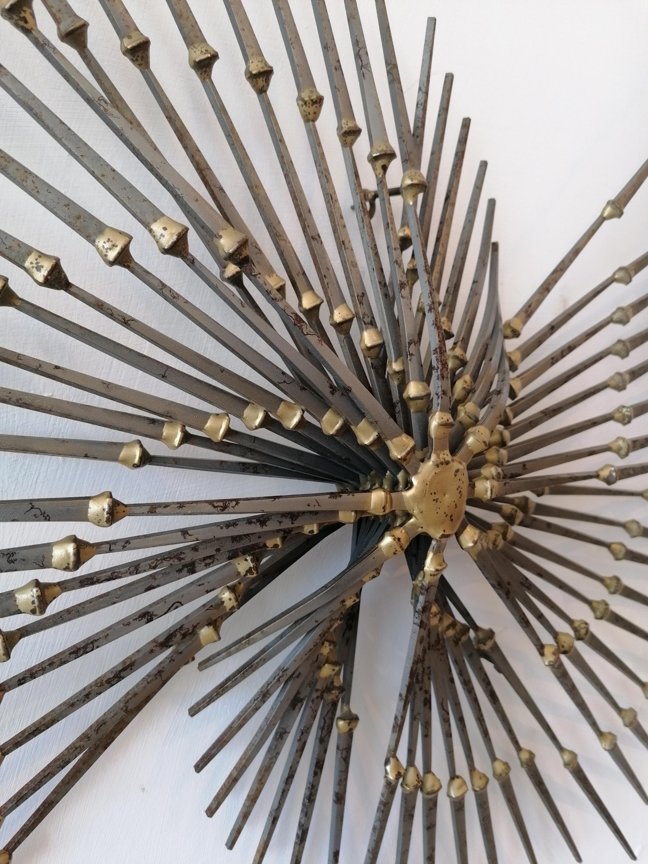 Large Brutalist iron & brass pinwheel sunburst Ron Schmidt wall sculpture 1970s For Sale 1