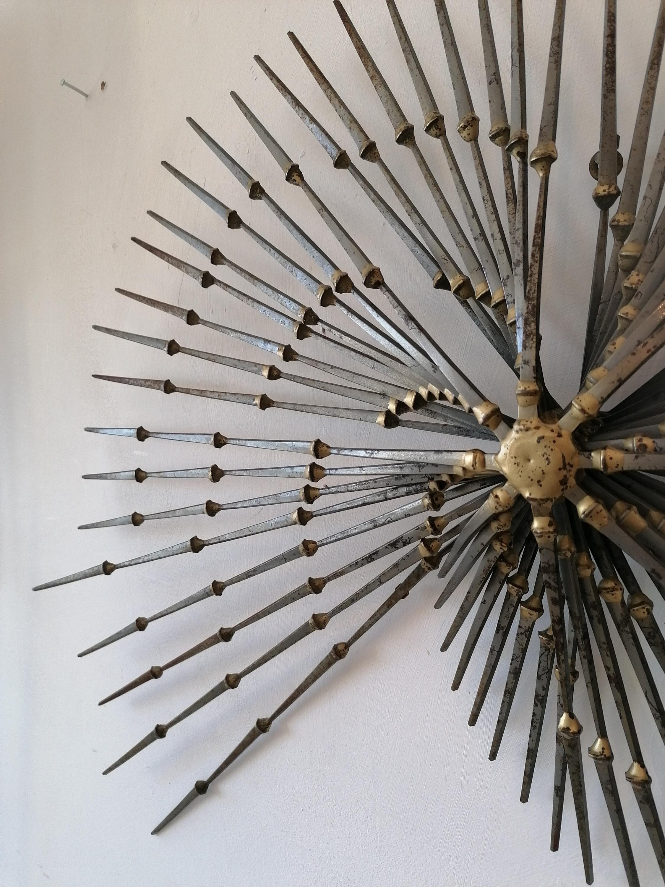 Large Brutalist iron & brass pinwheel sunburst Ron Schmidt wall sculpture 1970s For Sale 3