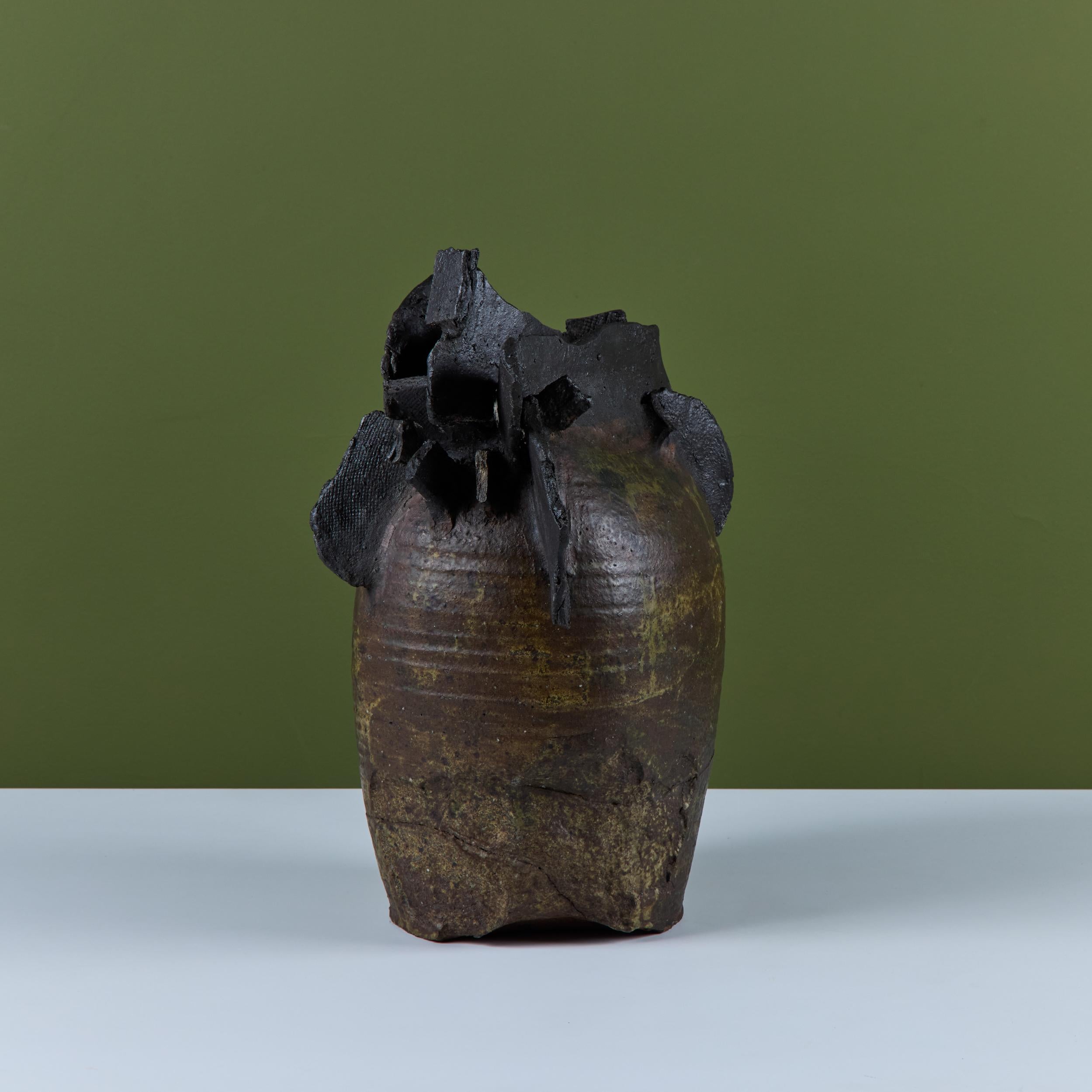 20th Century Large Brutalist Japanese Ceramic Vase by Takao Tomono For Sale