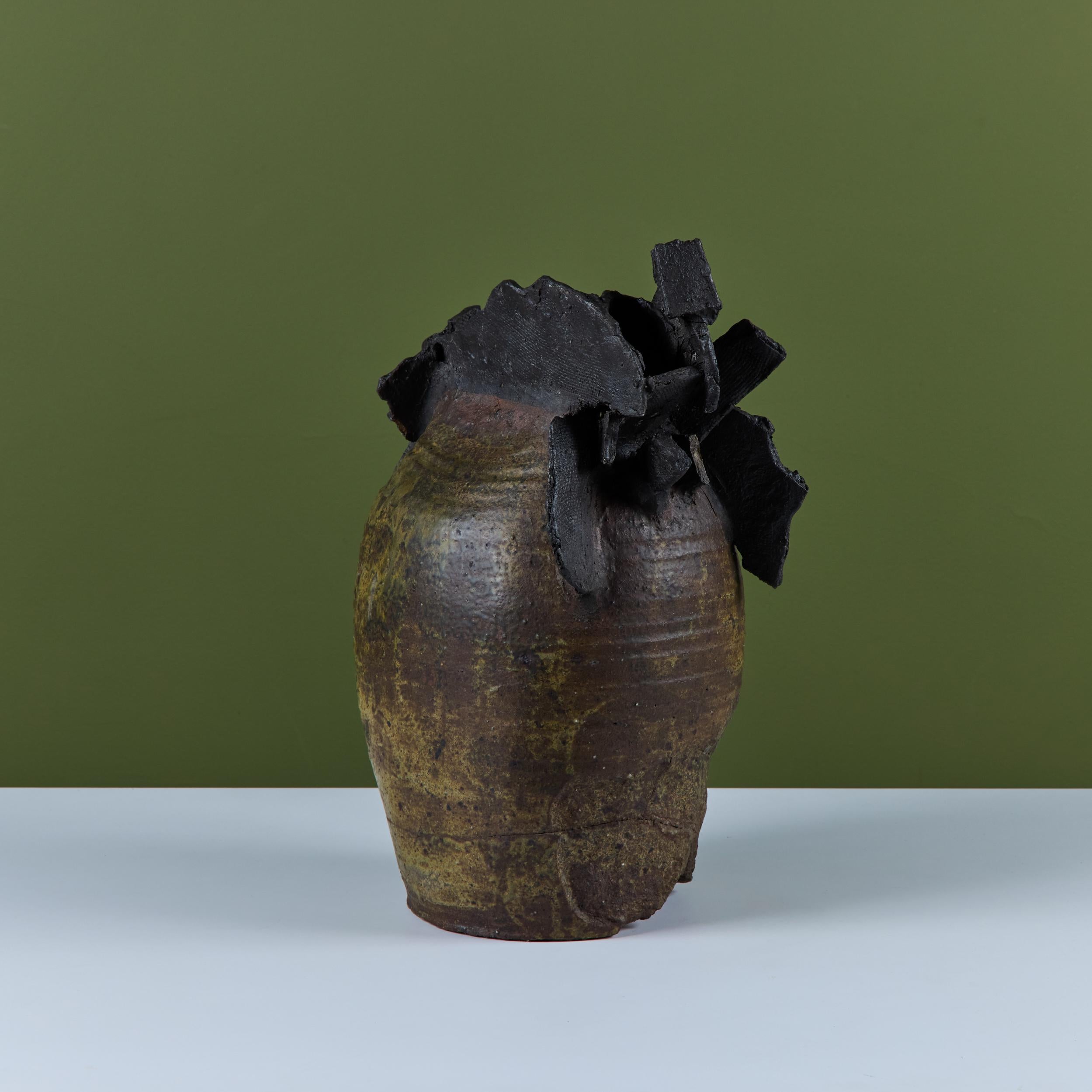 Large Brutalist Japanese Ceramic Vase by Takao Tomono For Sale 1