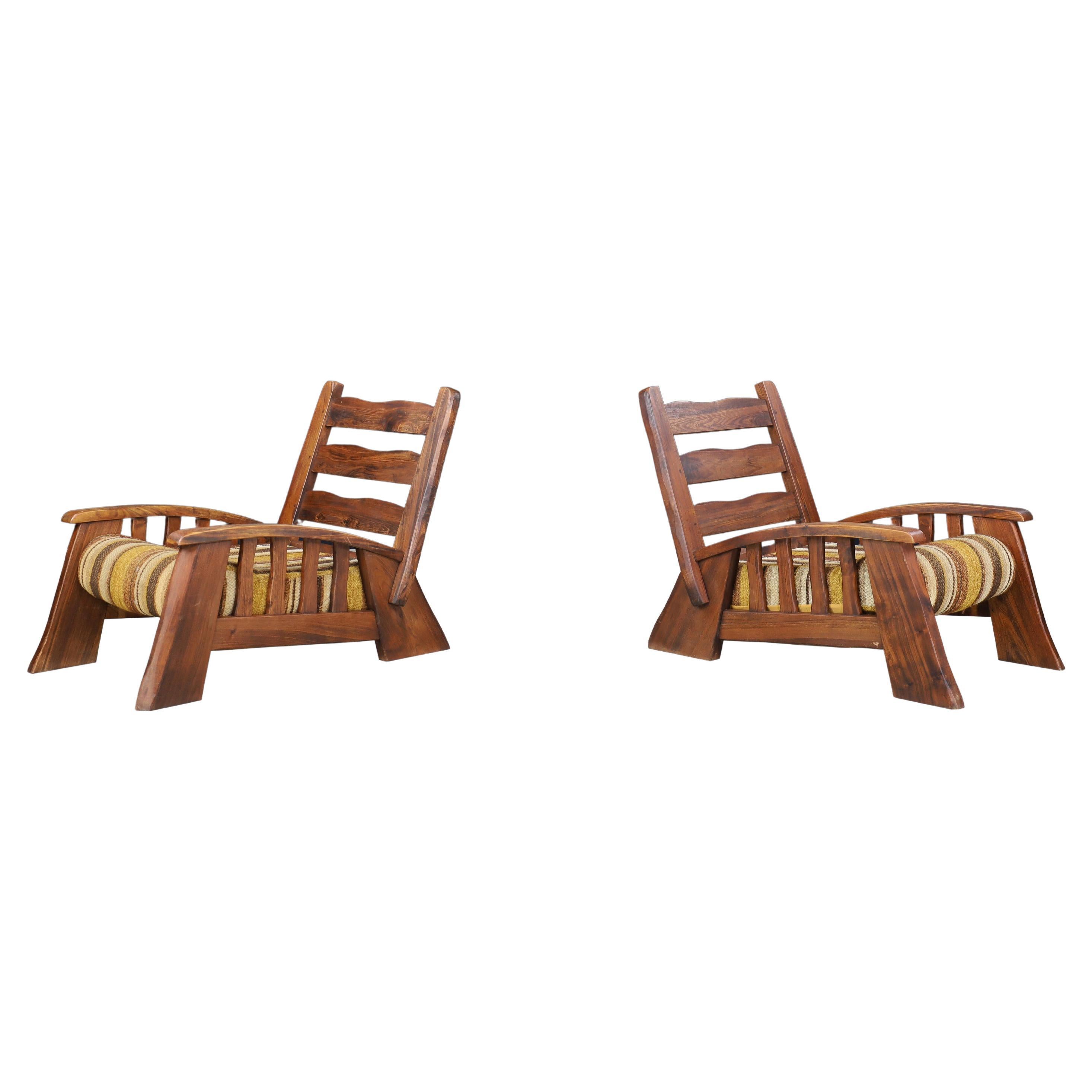 Large Brutalist Lounge Chairs in Solid Elm with original fabric France 1960s