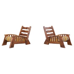 Large Brutalist Lounge Chairs in Solid Elm with original fabric France 1960s