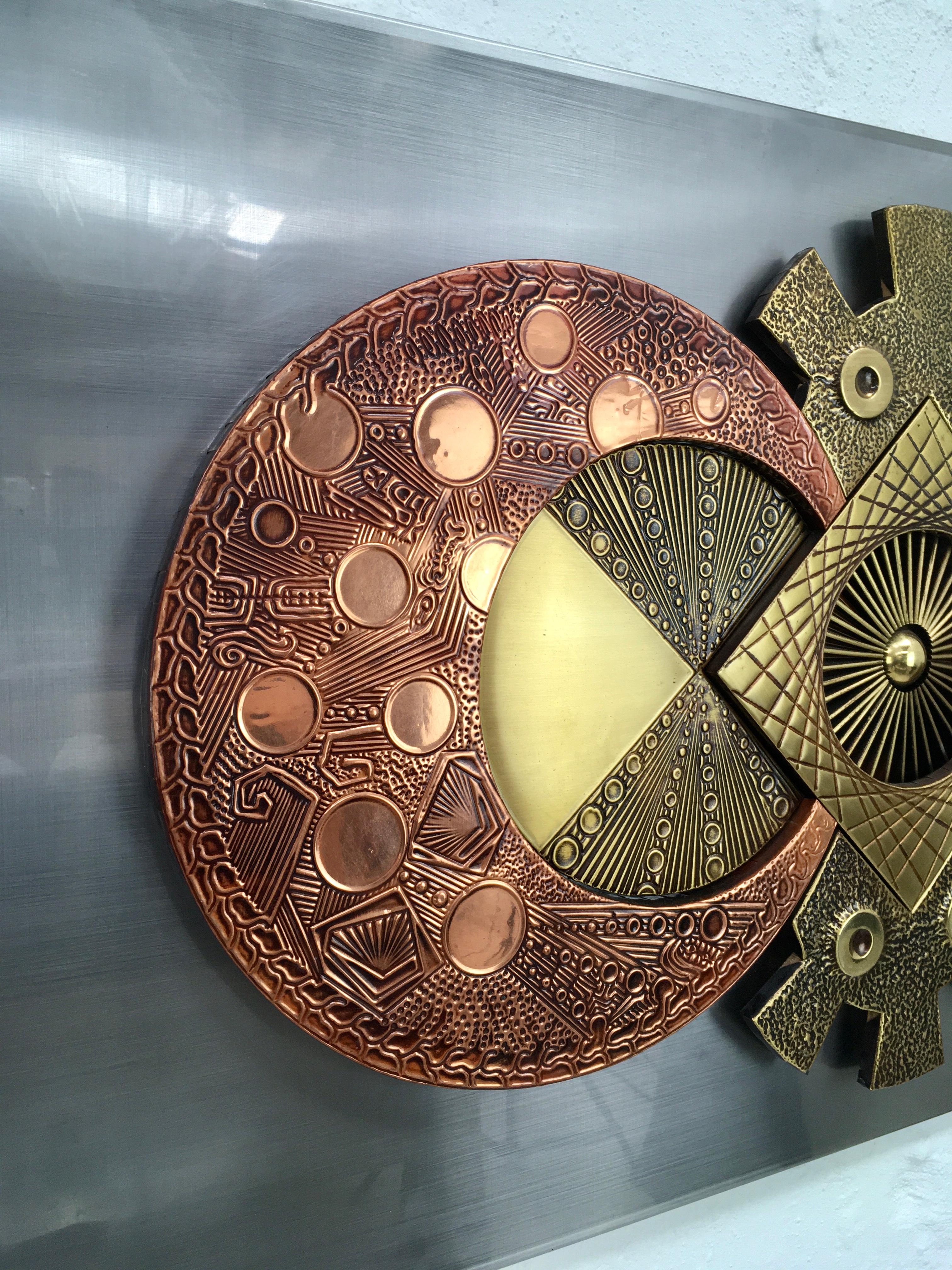 Large Brutalist Mixed Metal Wall Sculpture Brass and Copper Stephen Chun, 1970s 4