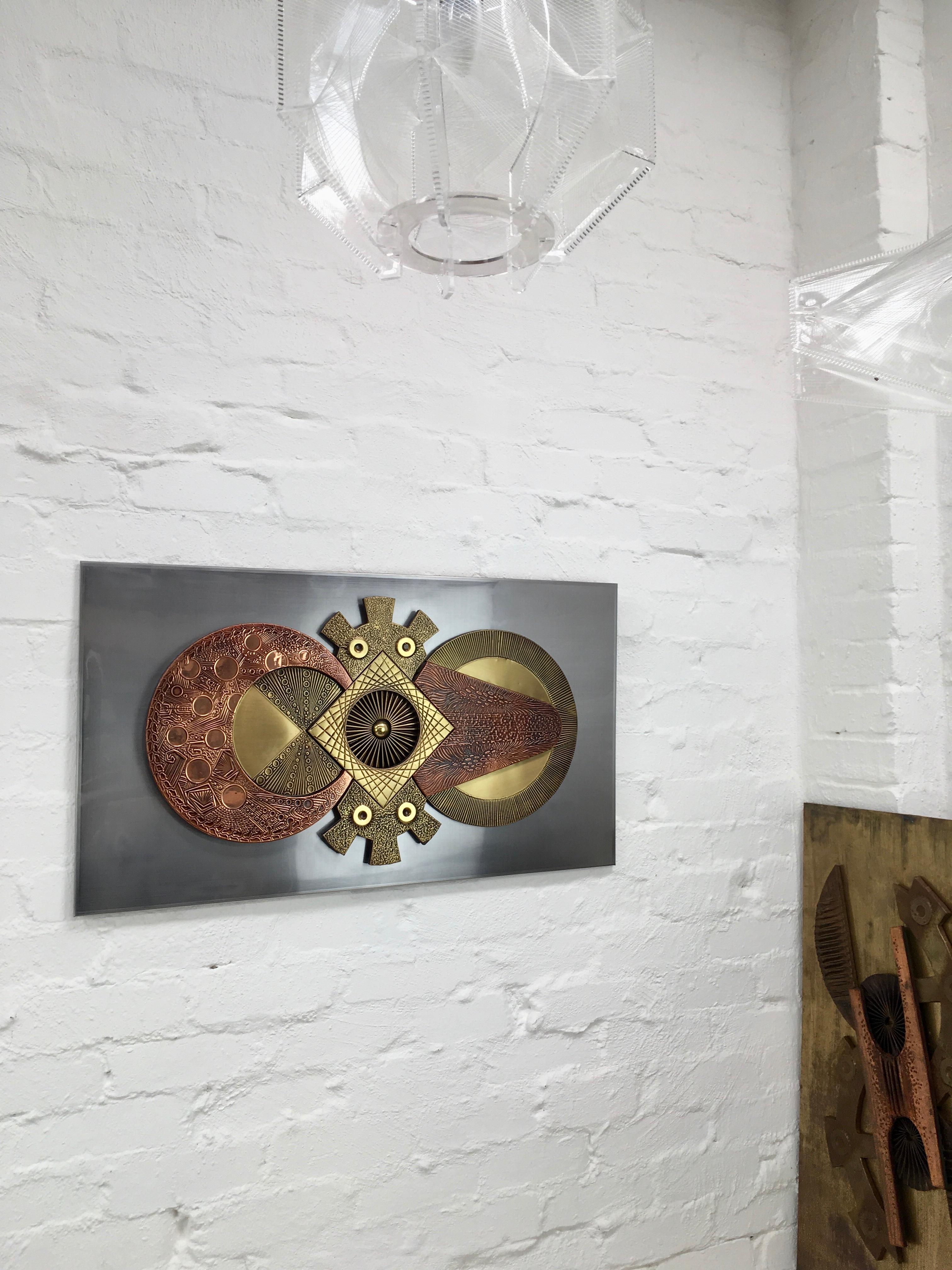 Hong Kong Large Brutalist Mixed Metal Wall Sculpture Brass and Copper Stephen Chun, 1970s