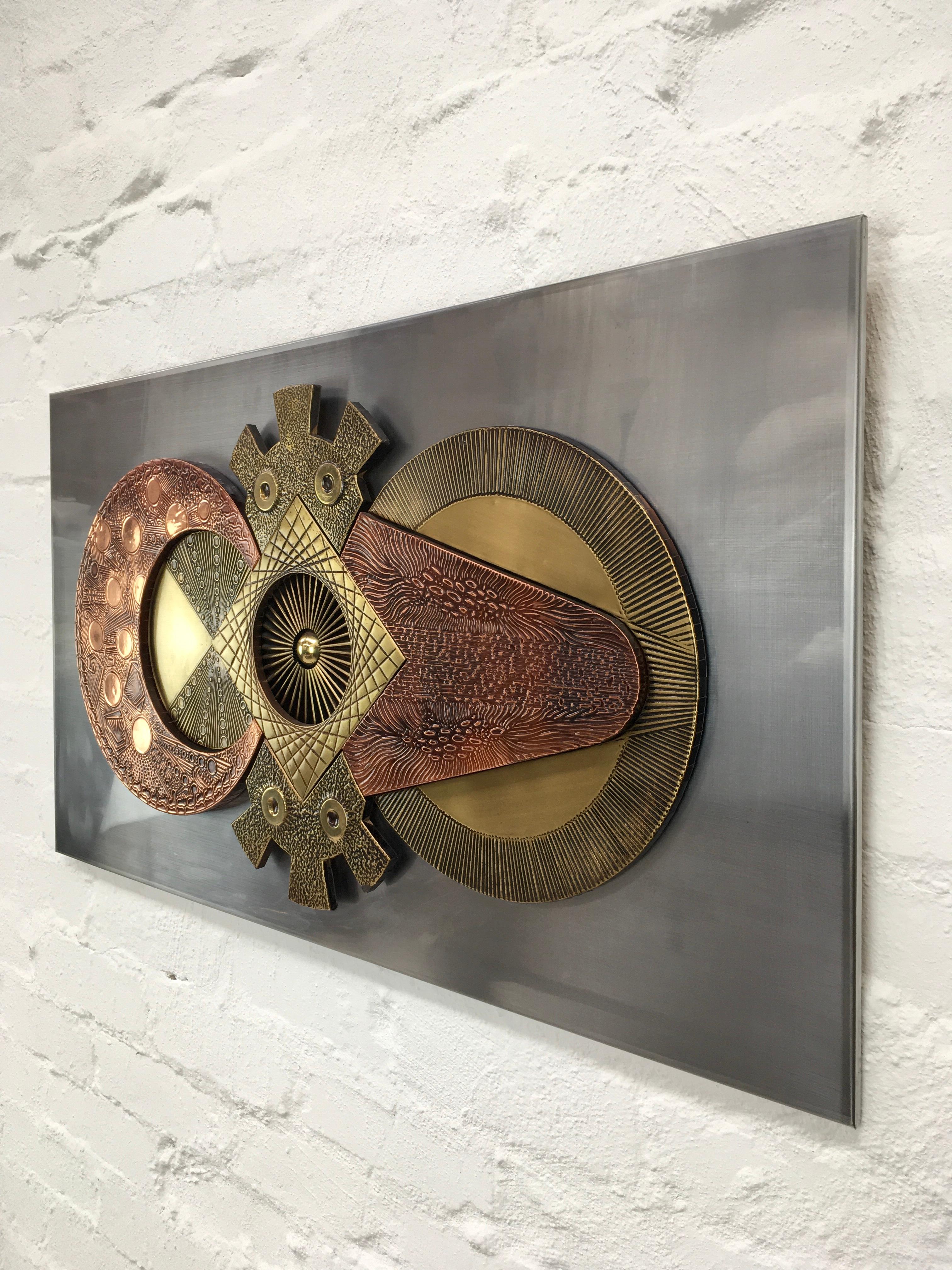 Appliqué Large Brutalist Mixed Metal Wall Sculpture Brass and Copper Stephen Chun, 1970s