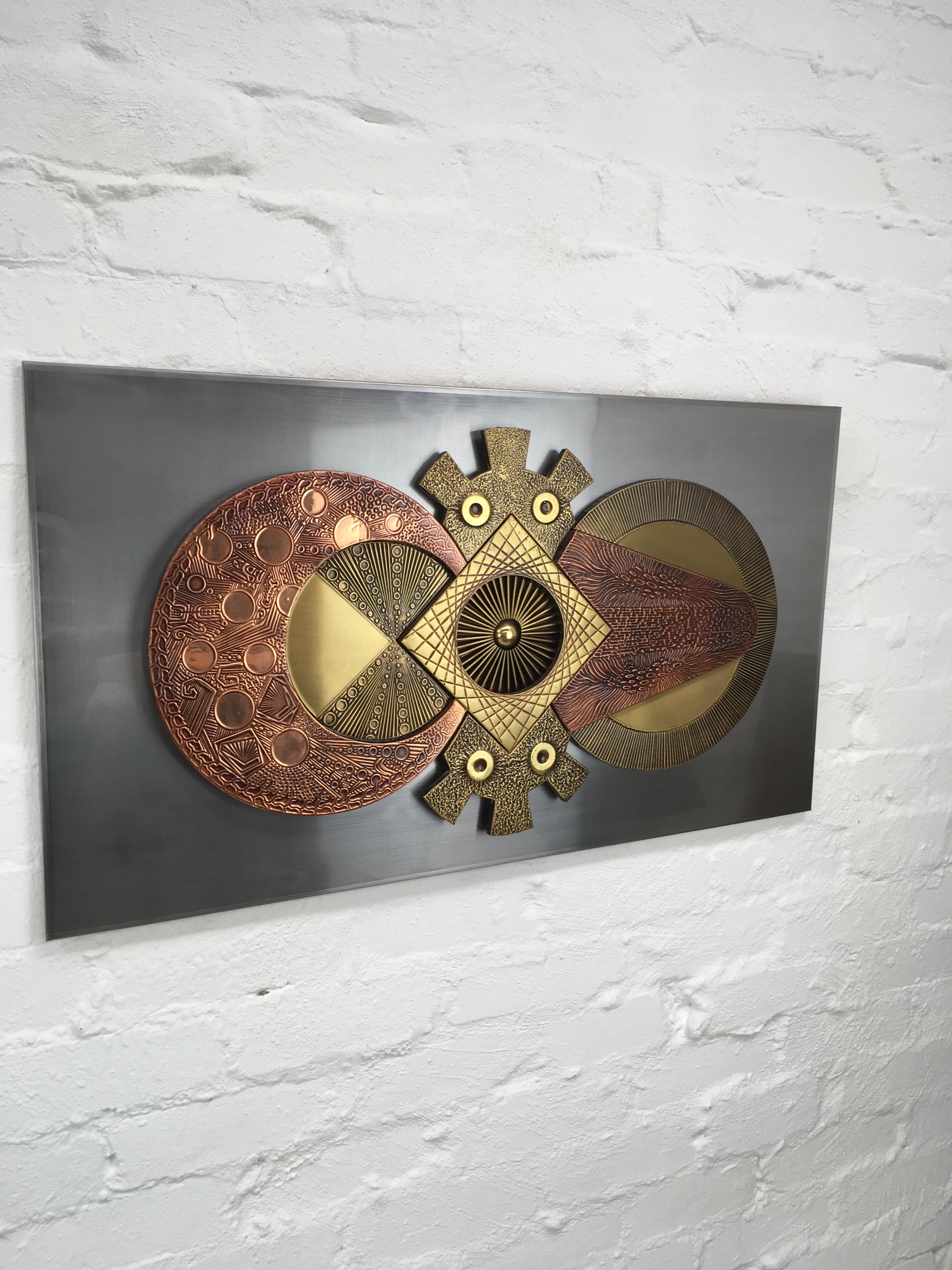 Large Brutalist Mixed Metal Wall Sculpture Brass and Copper Stephen Chun, 1970s In Good Condition In Melbourne, AU