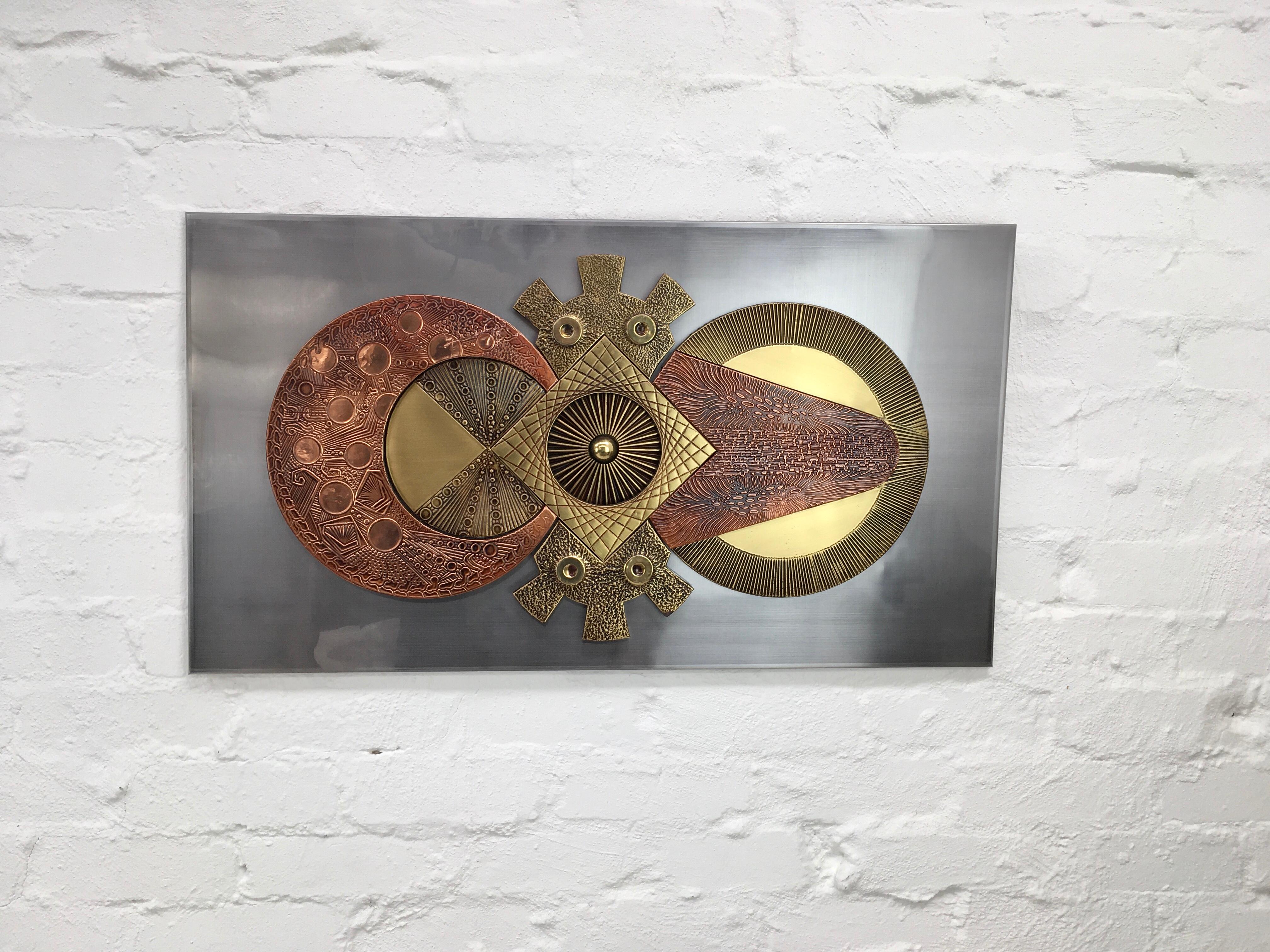 Late 20th Century Large Brutalist Mixed Metal Wall Sculpture Brass and Copper Stephen Chun, 1970s
