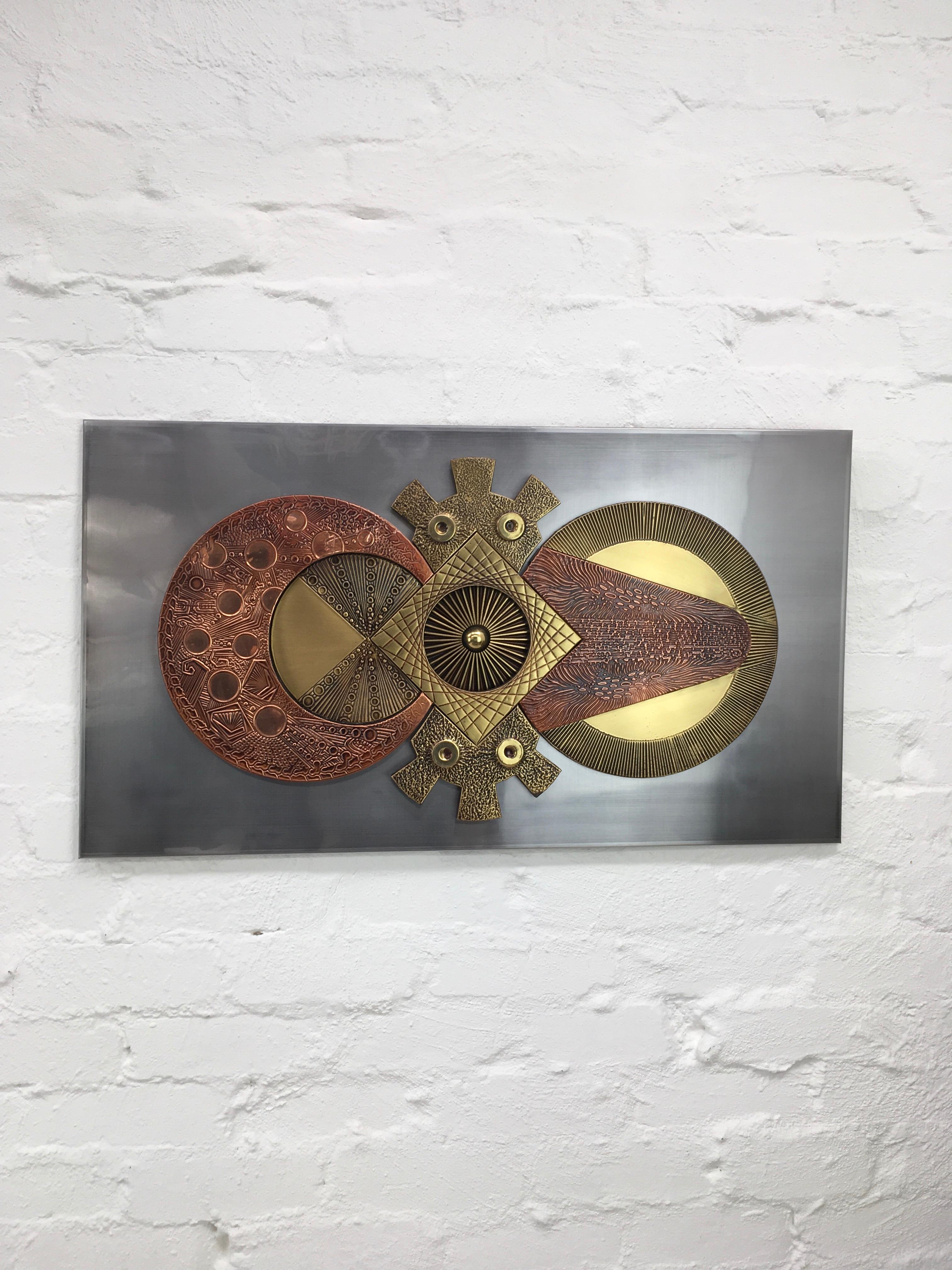 Large Brutalist Mixed Metal Wall Sculpture Brass and Copper Stephen Chun, 1970s 1