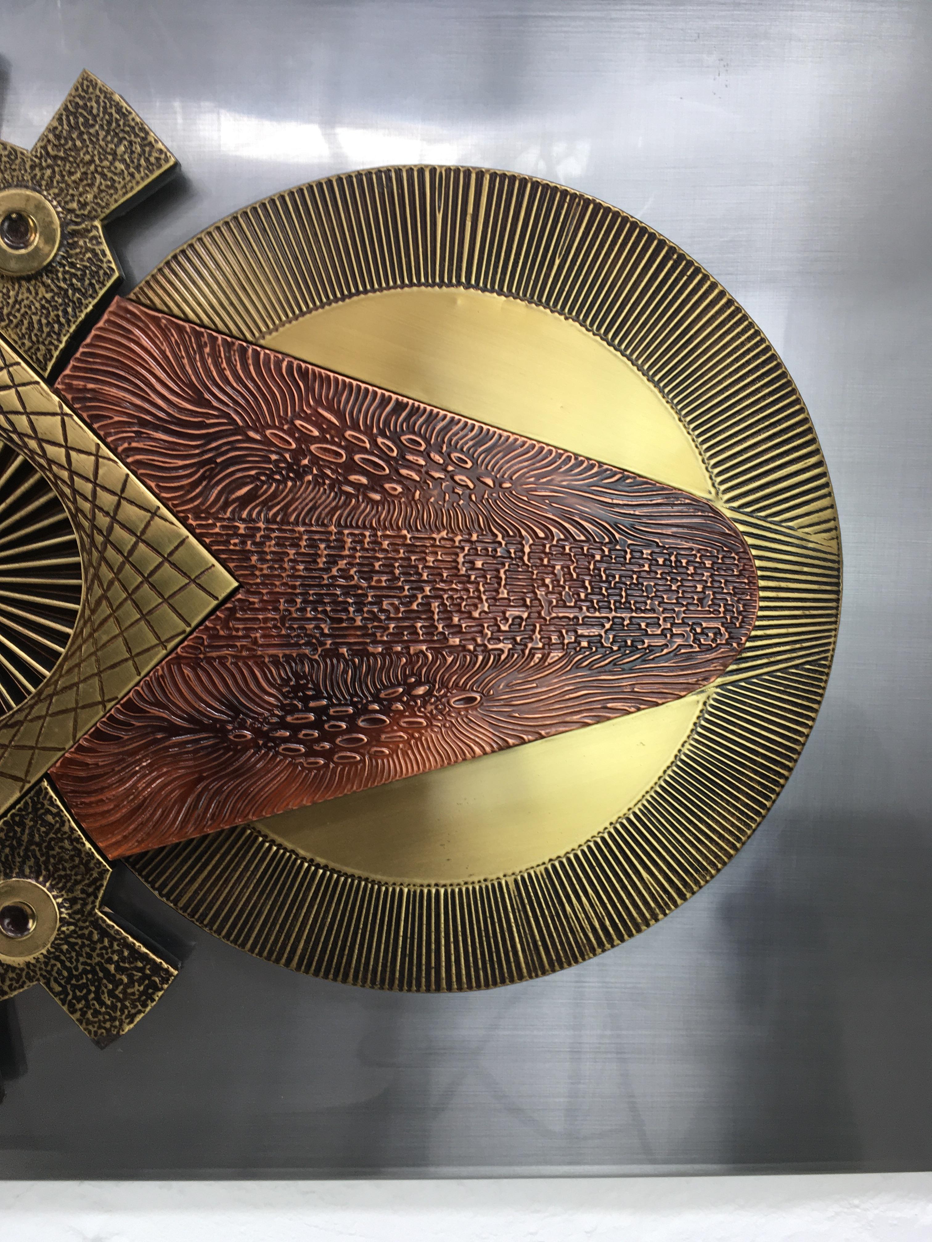 Large Brutalist Mixed Metal Wall Sculpture Brass and Copper Stephen Chun, 1970s 2