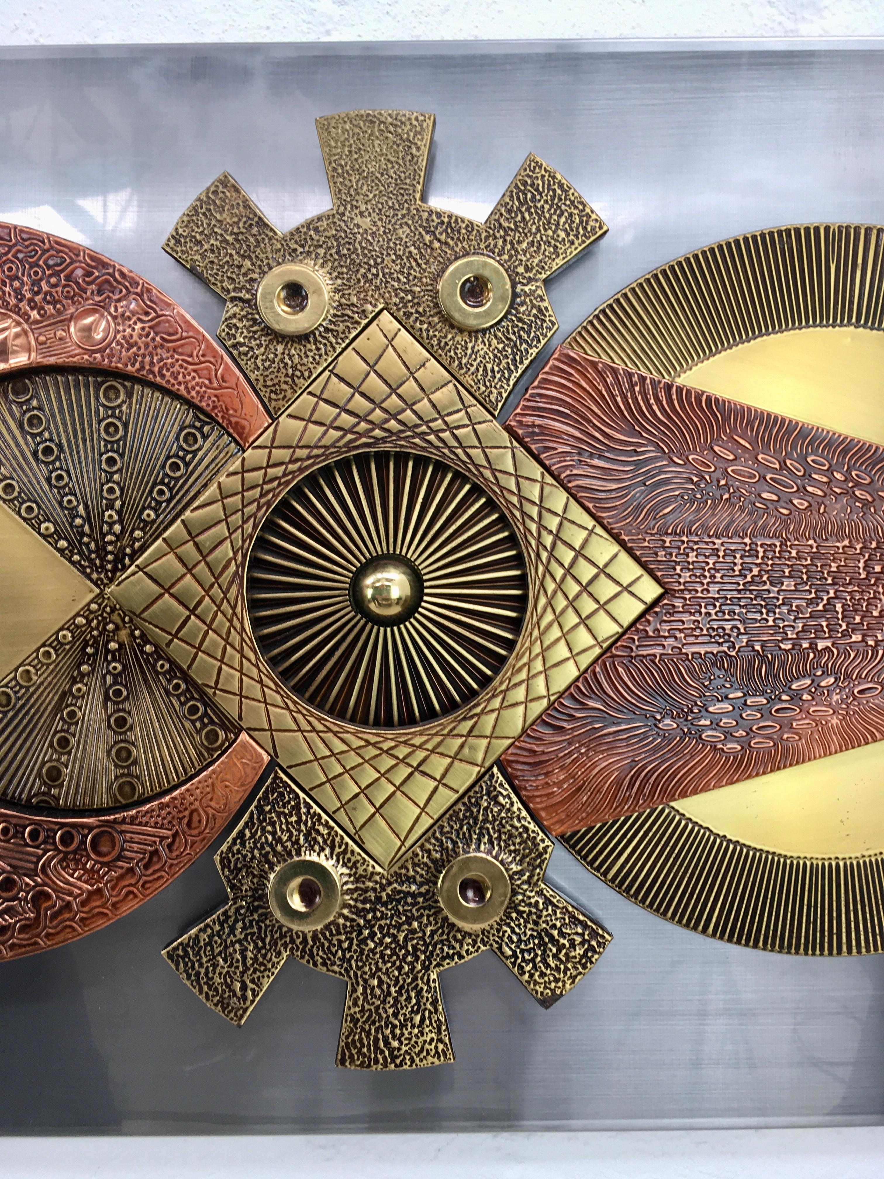 Large Brutalist Mixed Metal Wall Sculpture Brass and Copper Stephen Chun, 1970s 3