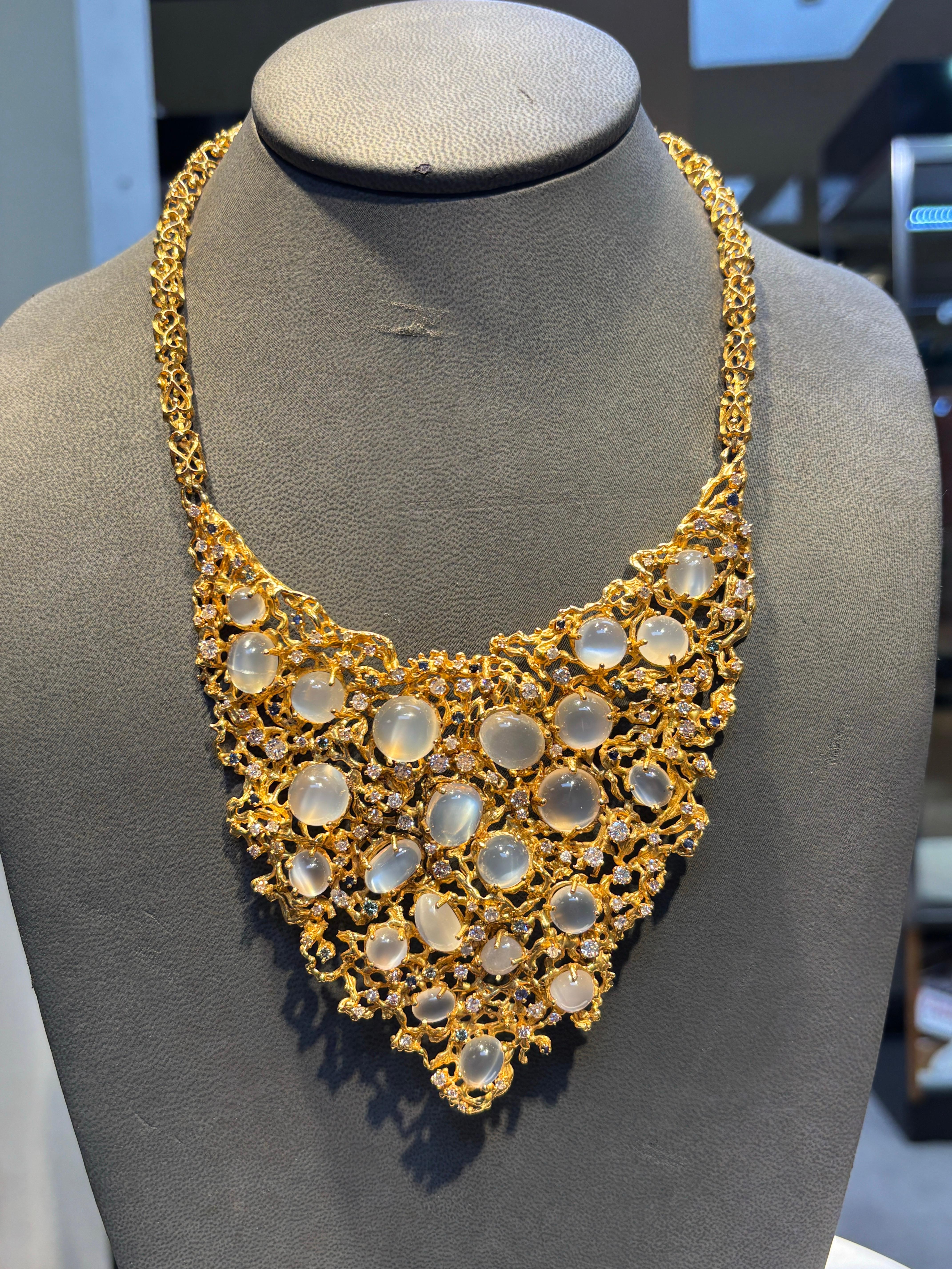 Large Brutalist Moonstone and Diamond Bib Necklace For Sale 5