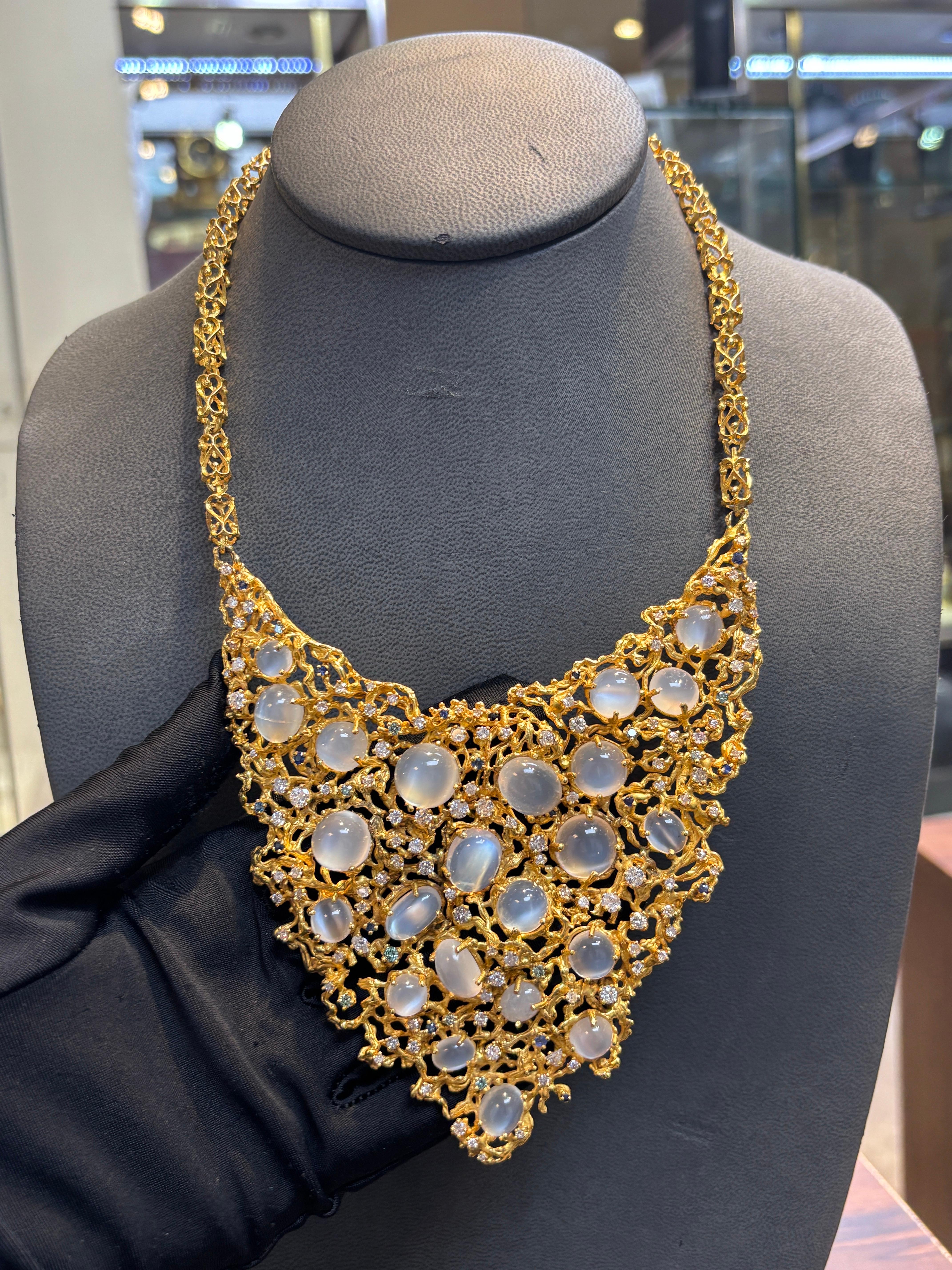 Mixed Cut Large Brutalist Moonstone and Diamond Bib Necklace For Sale