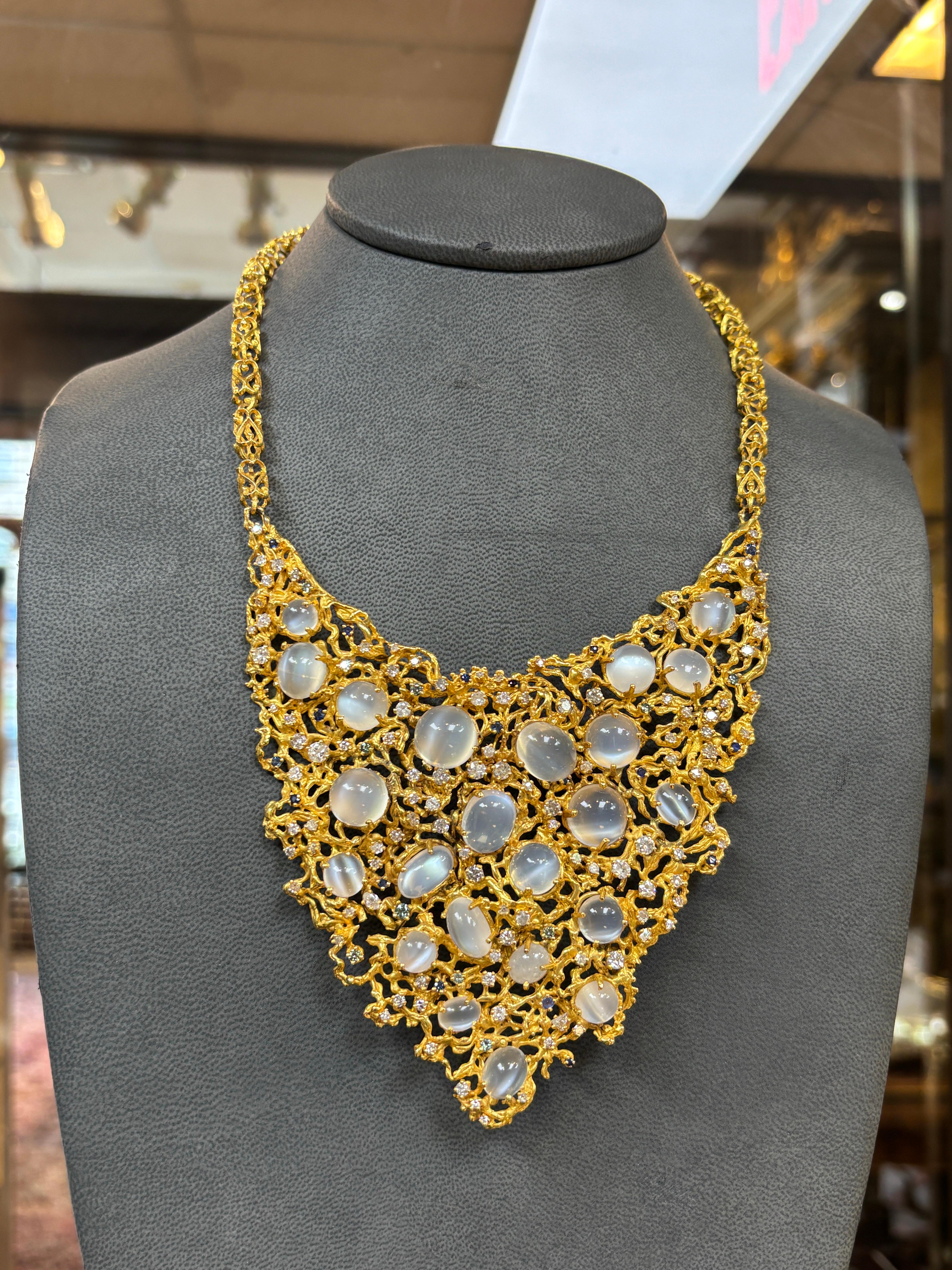 Women's Large Brutalist Moonstone and Diamond Bib Necklace For Sale