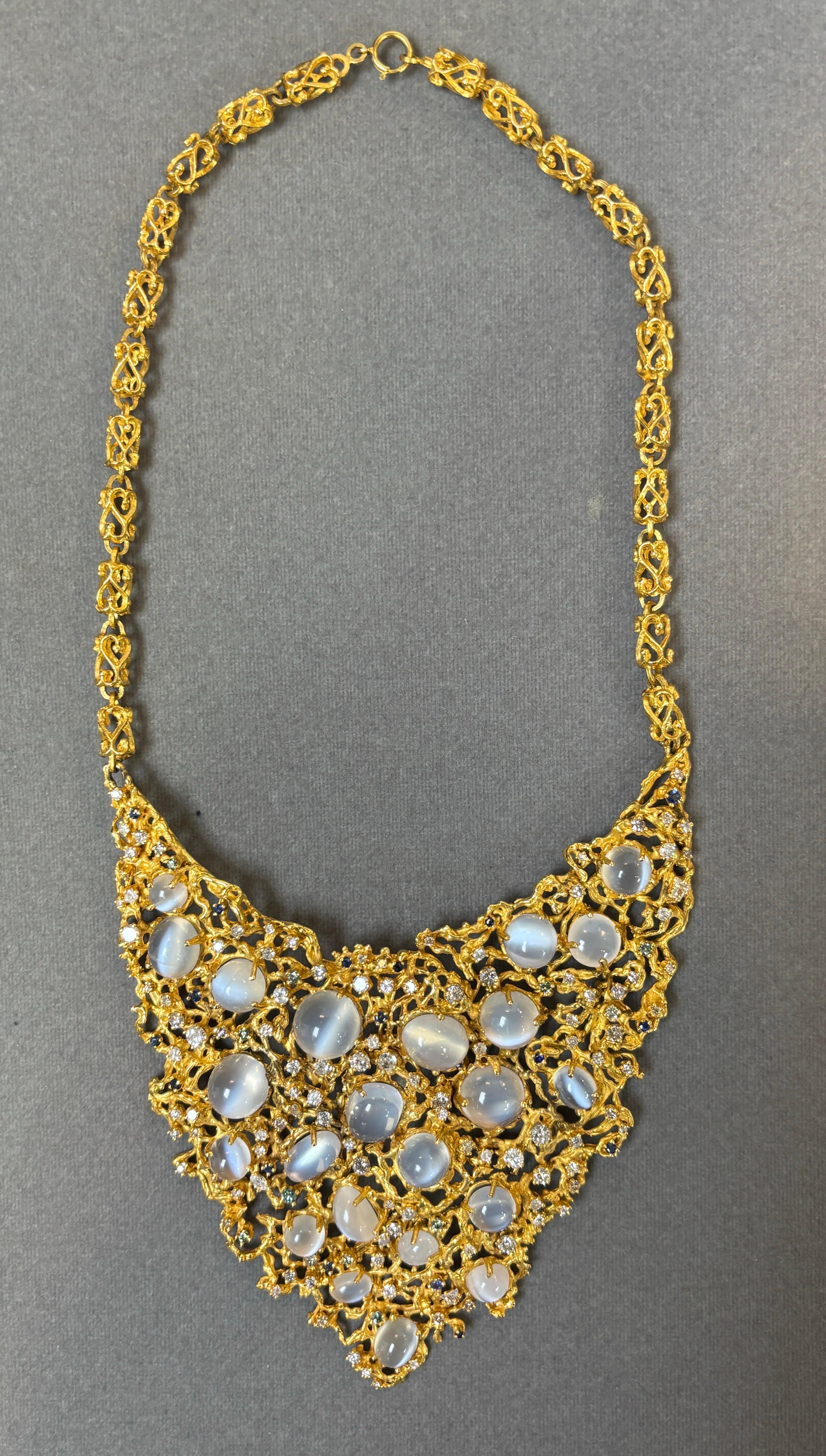 Large Brutalist Moonstone and Diamond Bib Necklace For Sale 1