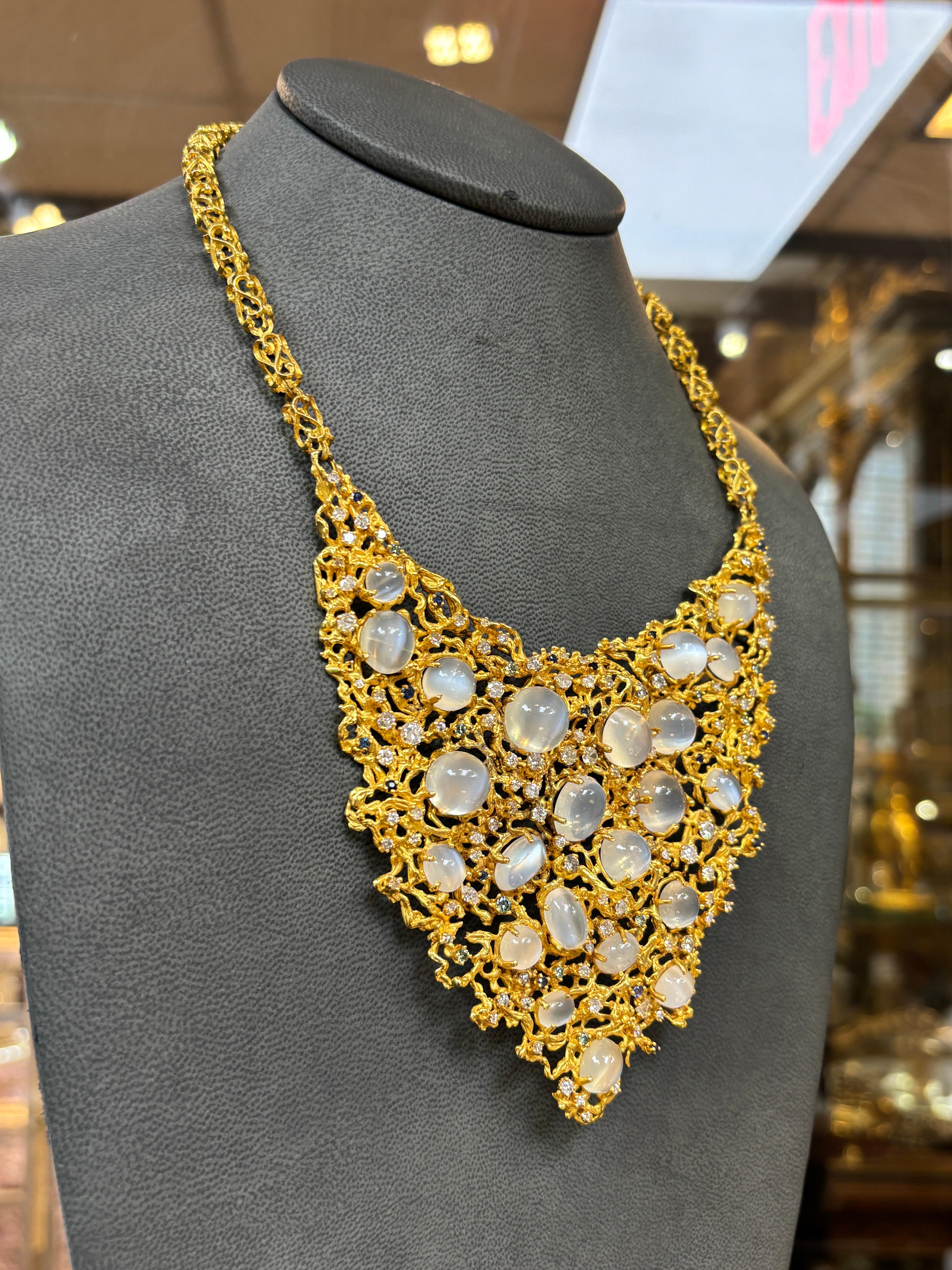 Large Brutalist Moonstone and Diamond Bib Necklace For Sale 3