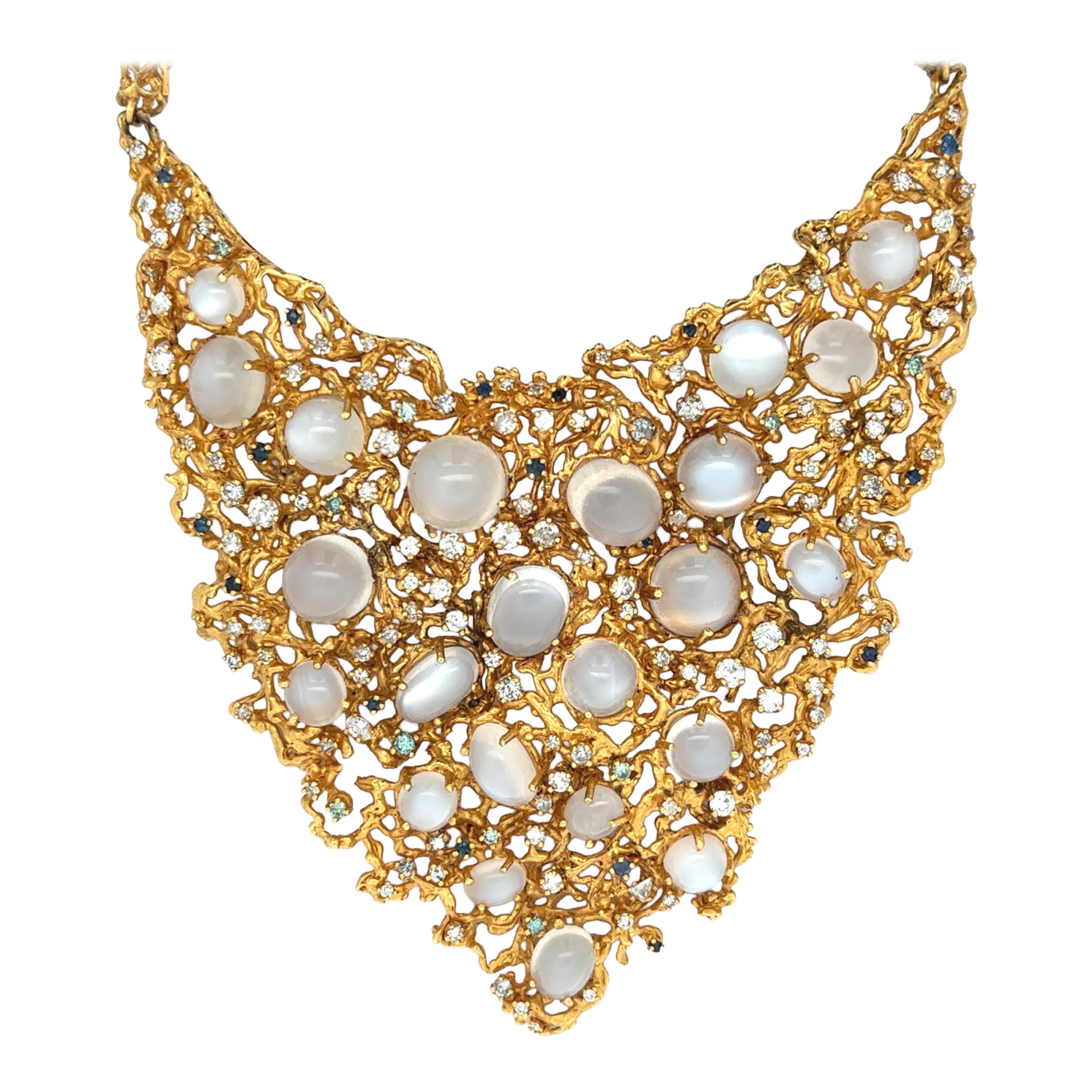 Large Brutalist Moonstone and Diamond Bib Necklace For Sale