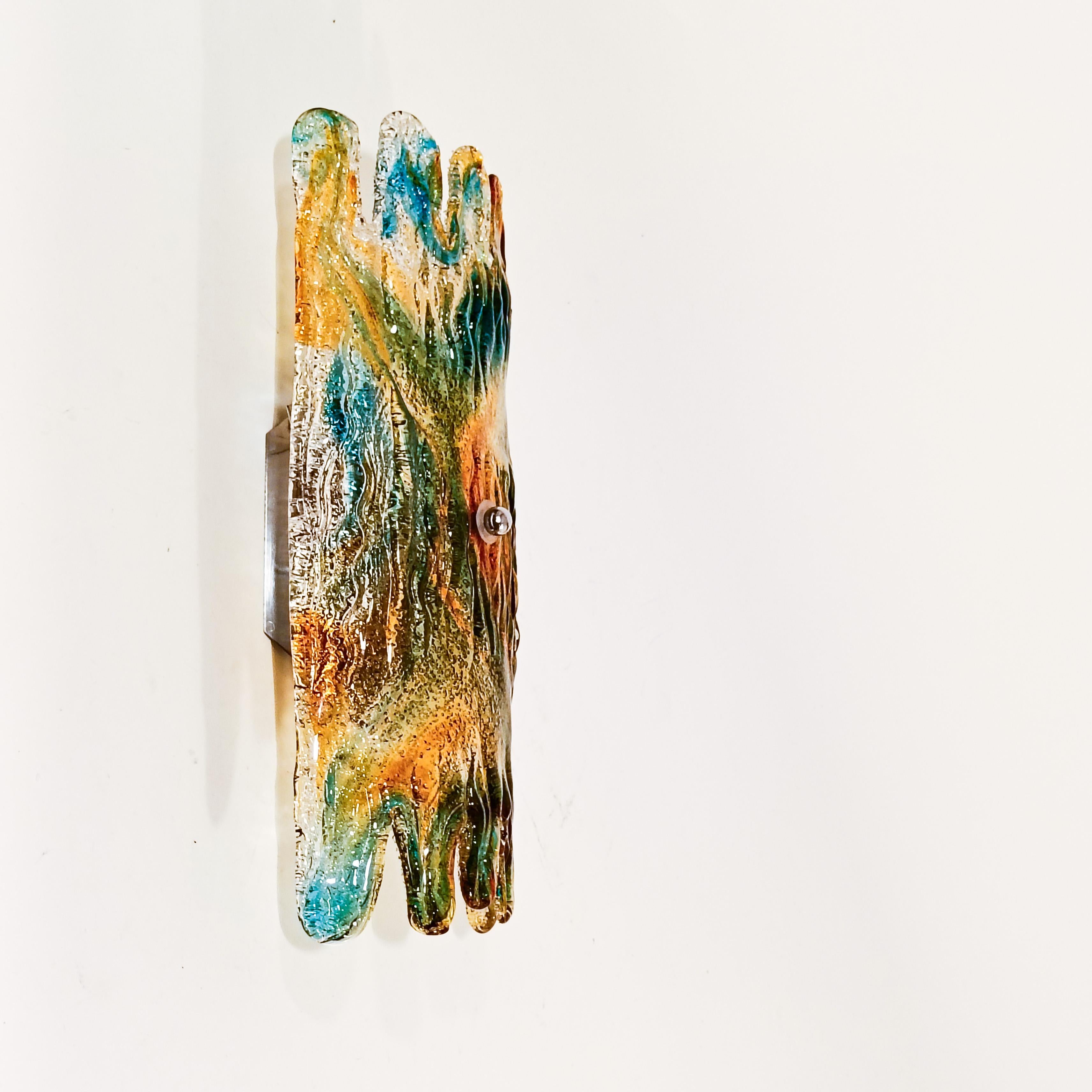Large piece of multicolored Murano glass with an organic shape in brutalist style, attached to a silver chrome metal base. The diffuser is rough inside, creating an unique lighting effect. Very rare piece, in Space Age style. Very much in the style