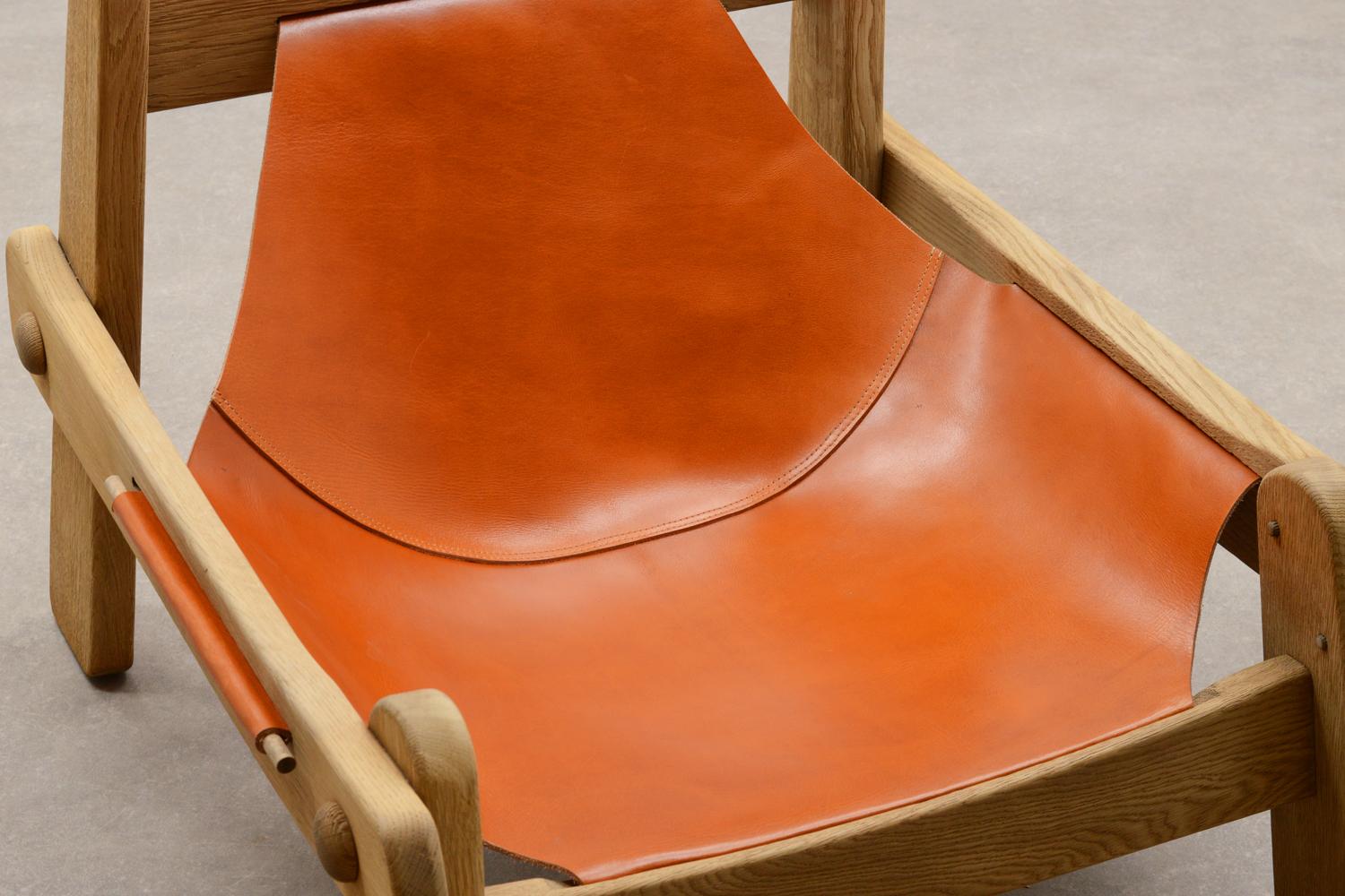 Large Brutalist Oak and Saddle Leather Lounge Chair, 70s 2