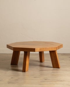 Large Brutalist Oak Octagonal Coffee Table w/ Slab Top, France, 1960's