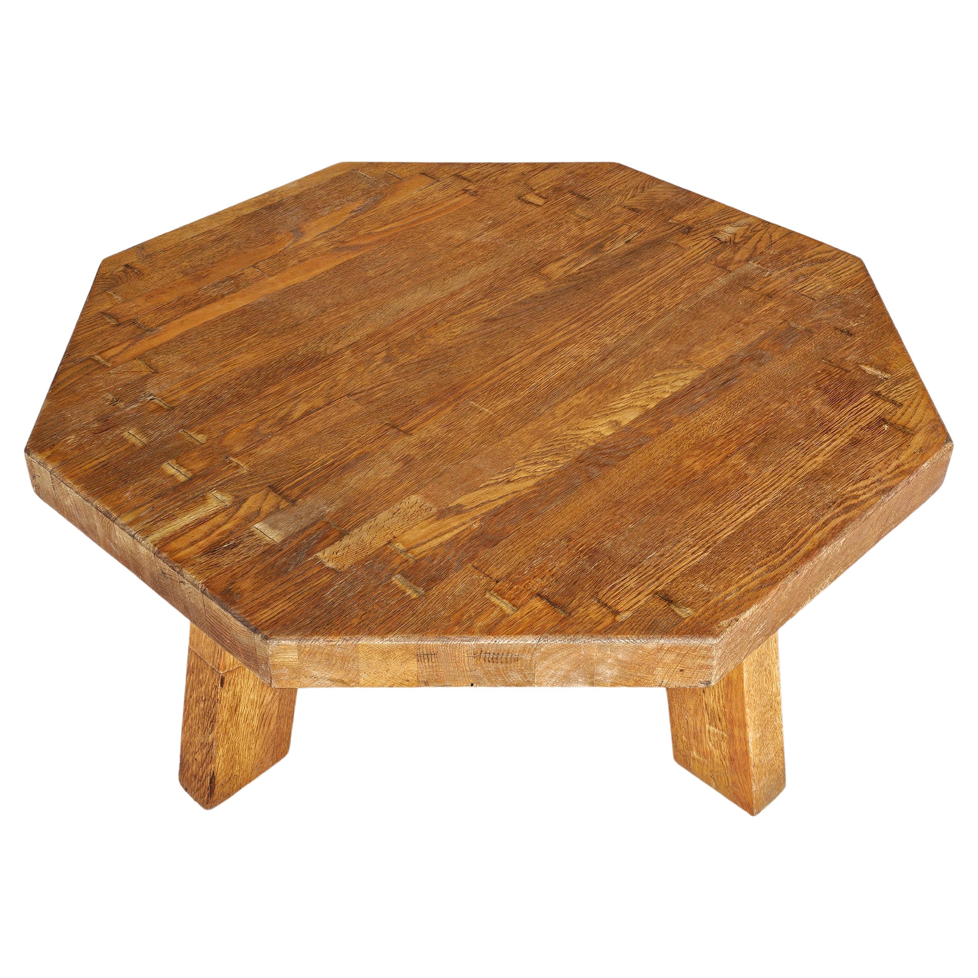 Large Brutalist Octagonal Coffee Table done in Solid Oak, Netherlands 1960s For Sale