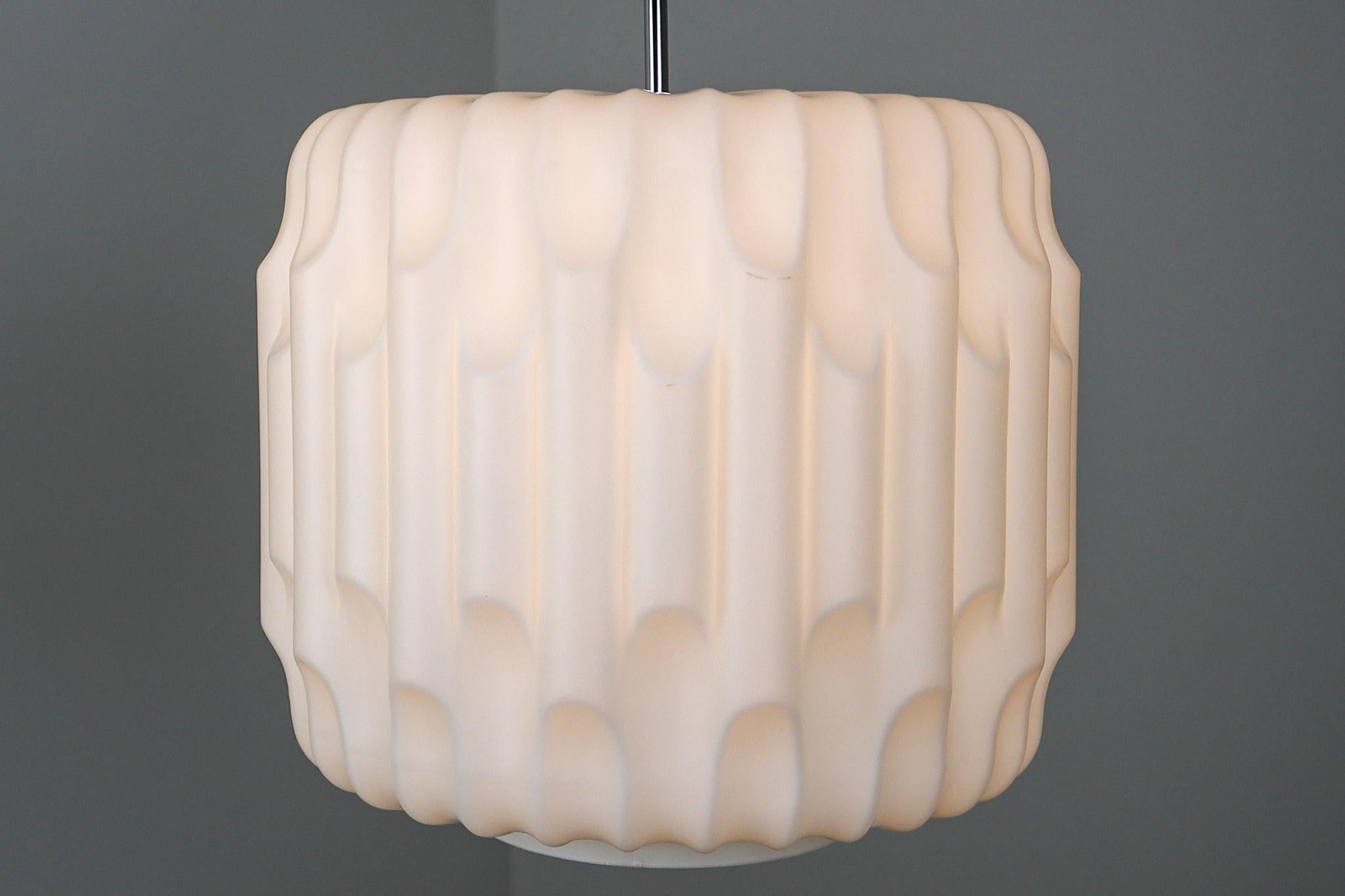 French Large Brutalist Pendant in White Opaline Glass, France, 1960s