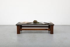 Large Brutalist Rectangular Coffee Table with Slate Top and Solid Dark Oak Base