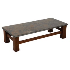 Large Brutalist Rectangular Coffee Table with Slate Top and Solid Dark Oak Base