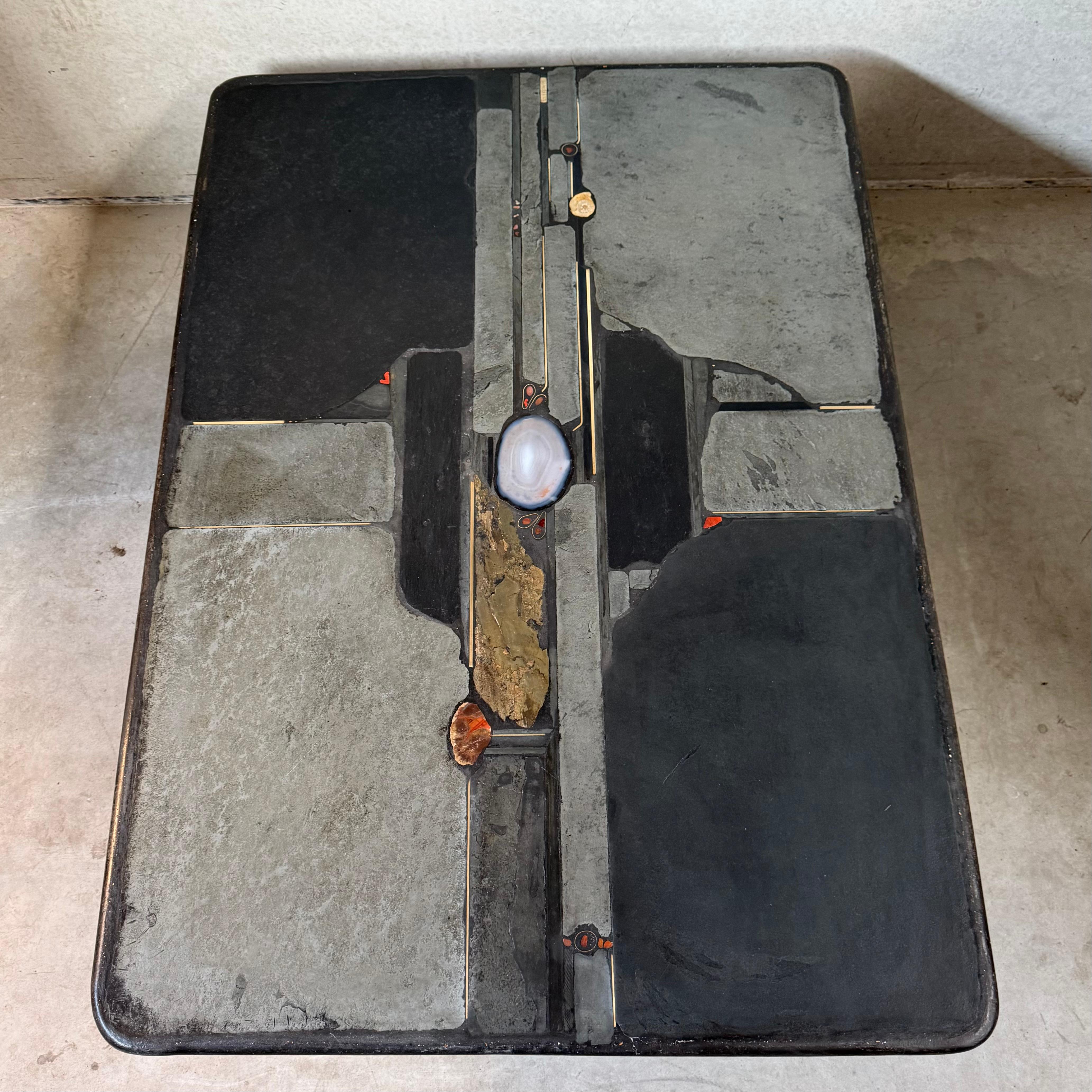 Brass Large Brutalist Rectangular Slate Stone Agate Coffee Table by Paul Kingma