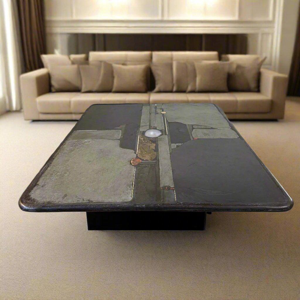 Large Brutalist Rectangular Slate Stone Agate Coffee Table by Paul Kingma 1