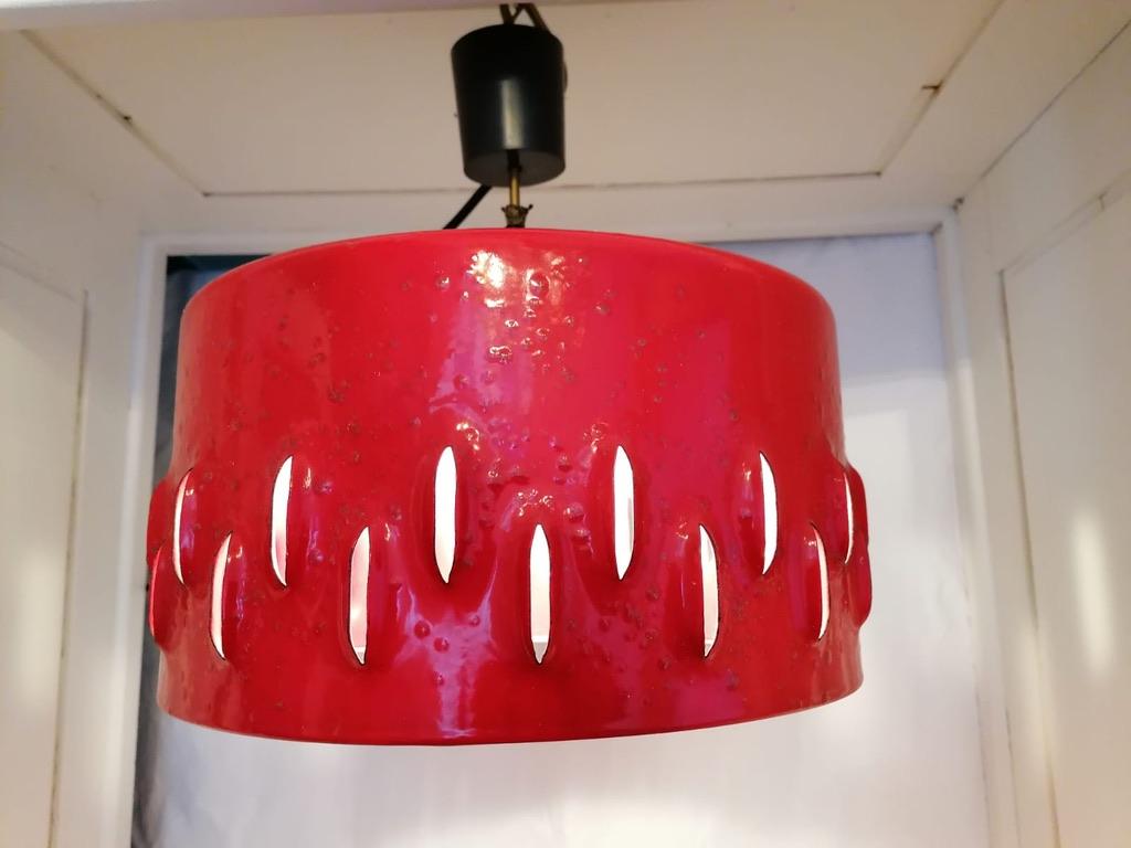 Large Brutalist Red Ceramic Pendant Lamp For Sale 4