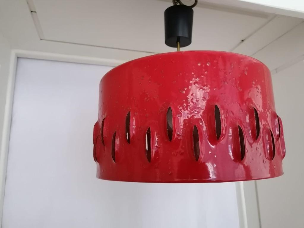 German Large Brutalist Red Ceramic Pendant Lamp For Sale
