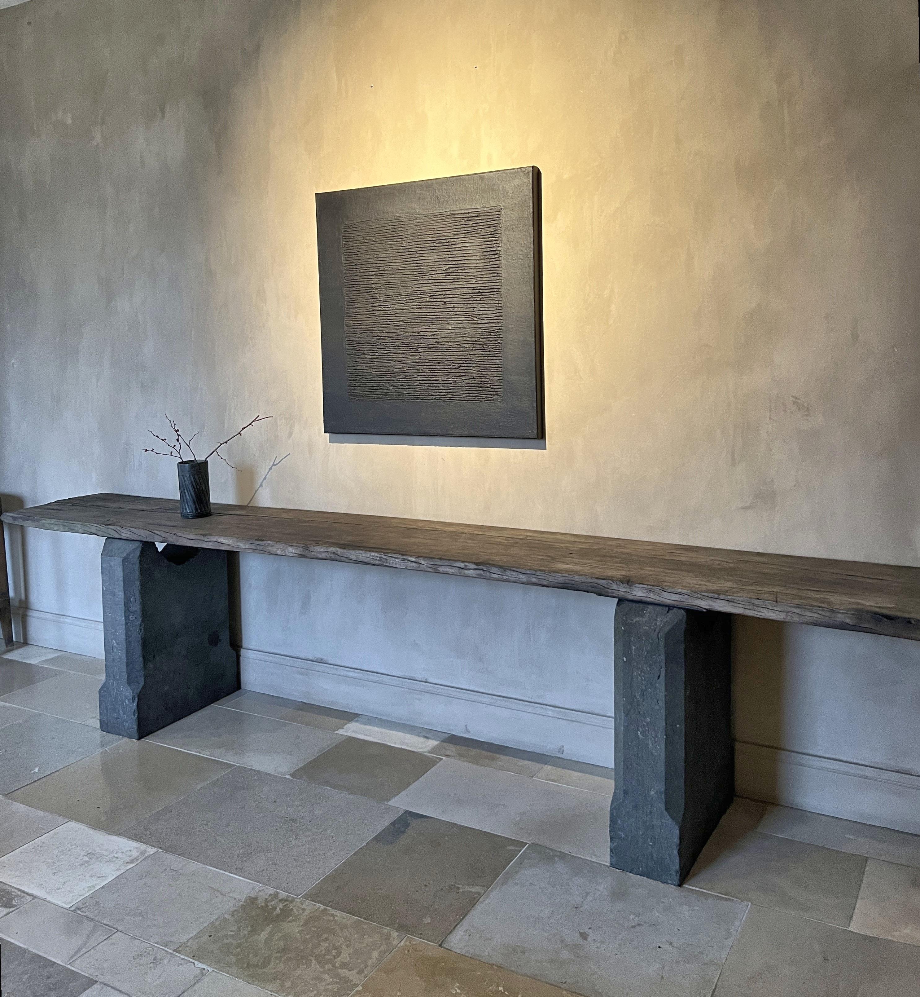 Belgian Large brutalist sidetable consoletable reclaimed wood and stone For Sale